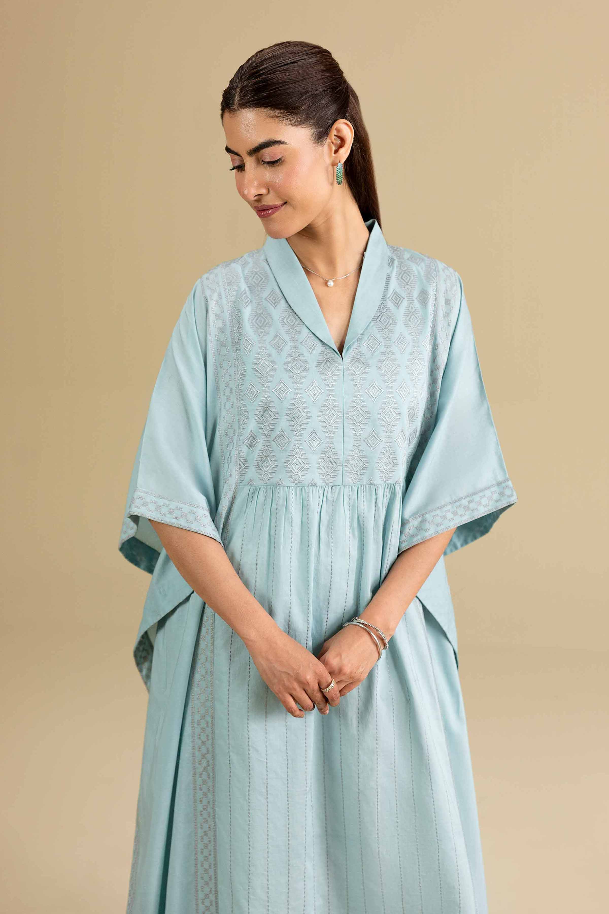 Nishat UK - Blue Embroidered Cambric 1-piece ready to wear luxury kaftan