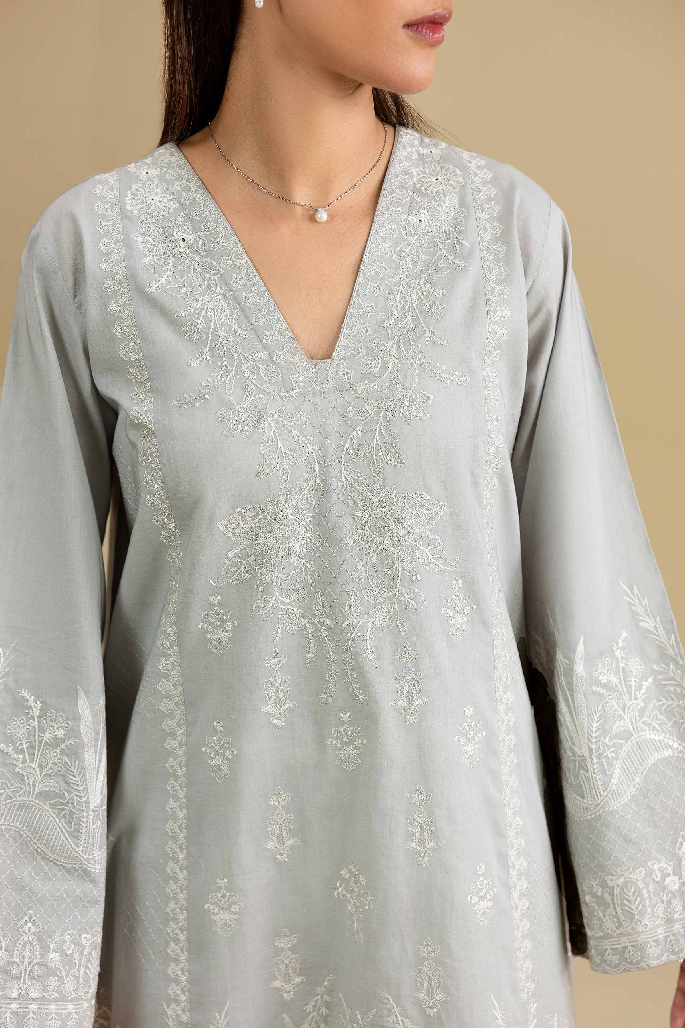 Nishat UK - Grey Embroidered Cambric 1-piece ready to wear luxury Shirt