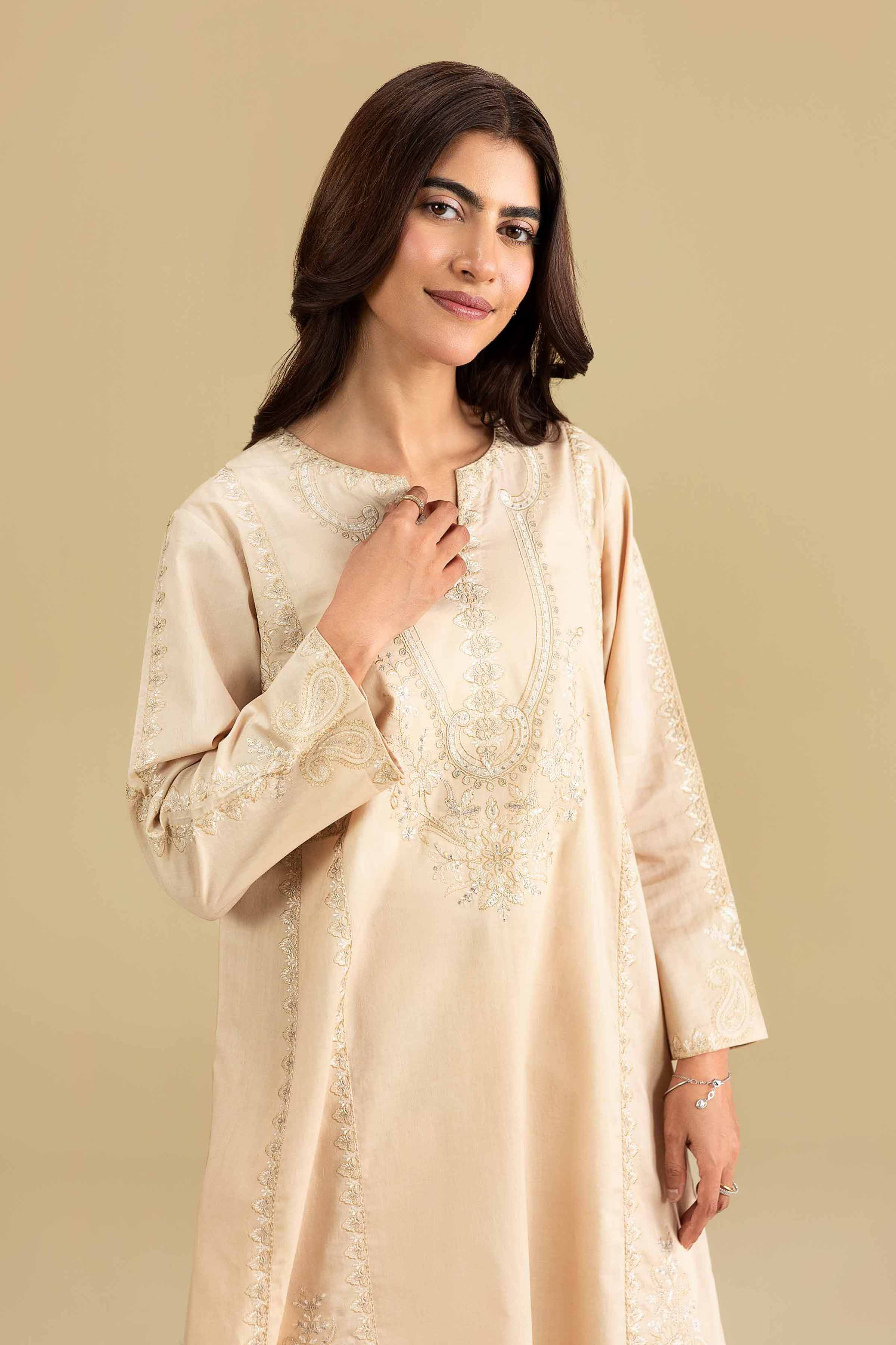 Nishat UK - Beige Embroidered Cambric 2-piece ready to wear luxury Dress