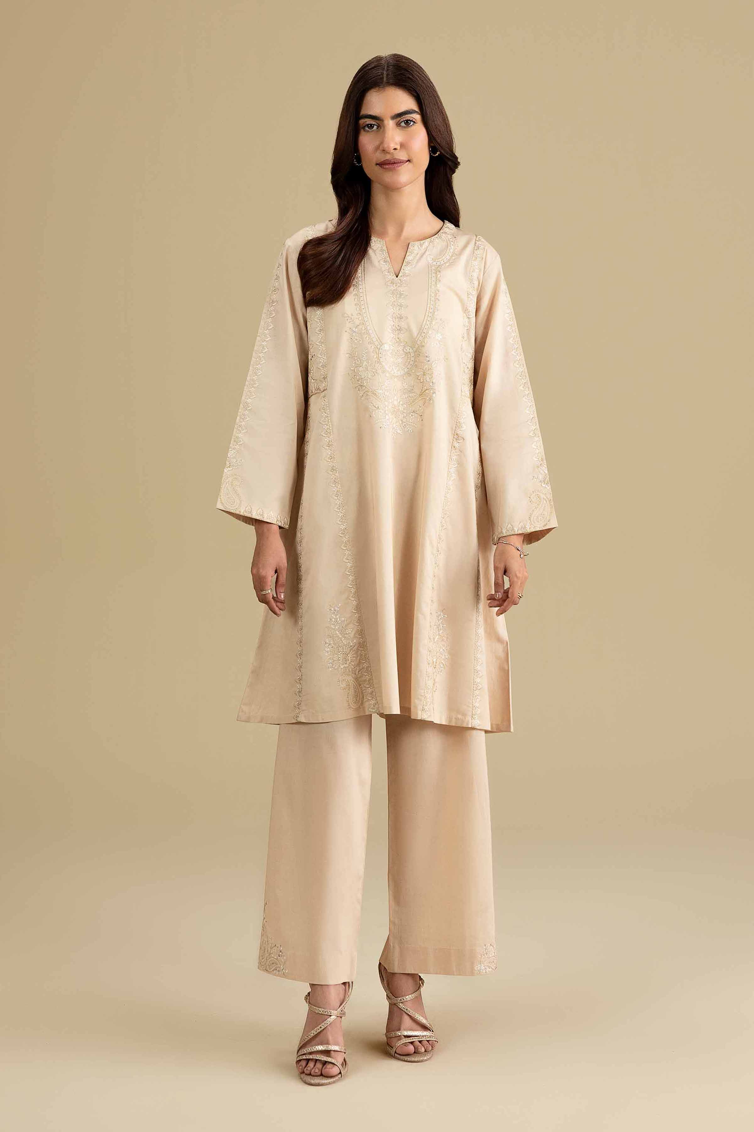 Nishat UK - Beige Embroidered Cambric 2-piece ready to wear luxury Dress