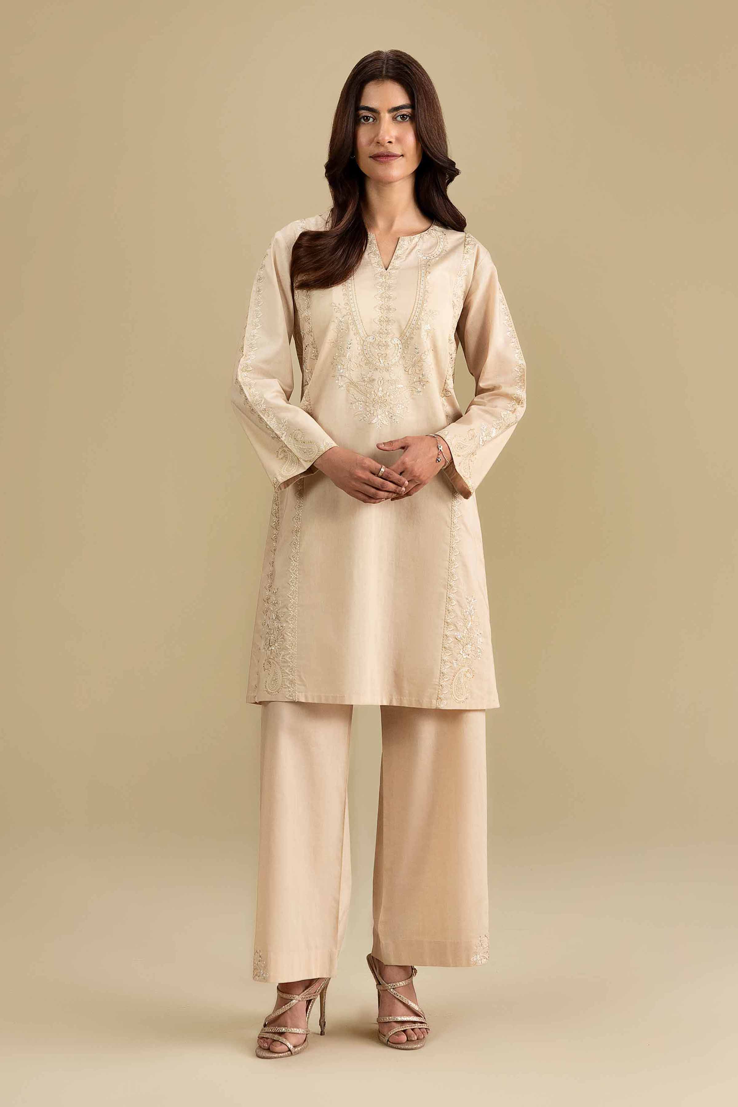 Nishat UK - Beige Embroidered Cambric 2-piece ready to wear luxury Dress