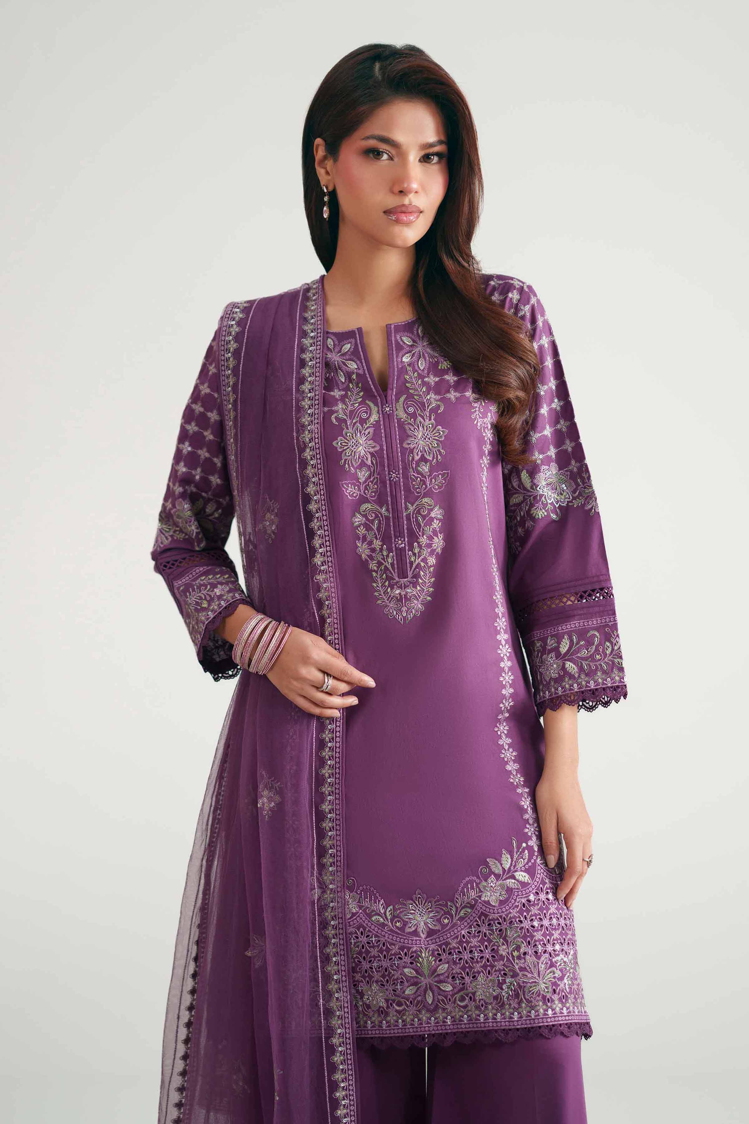 Nishat UK - Purple Embroidered Cambric 3 Piece ready to wear luxury Suit