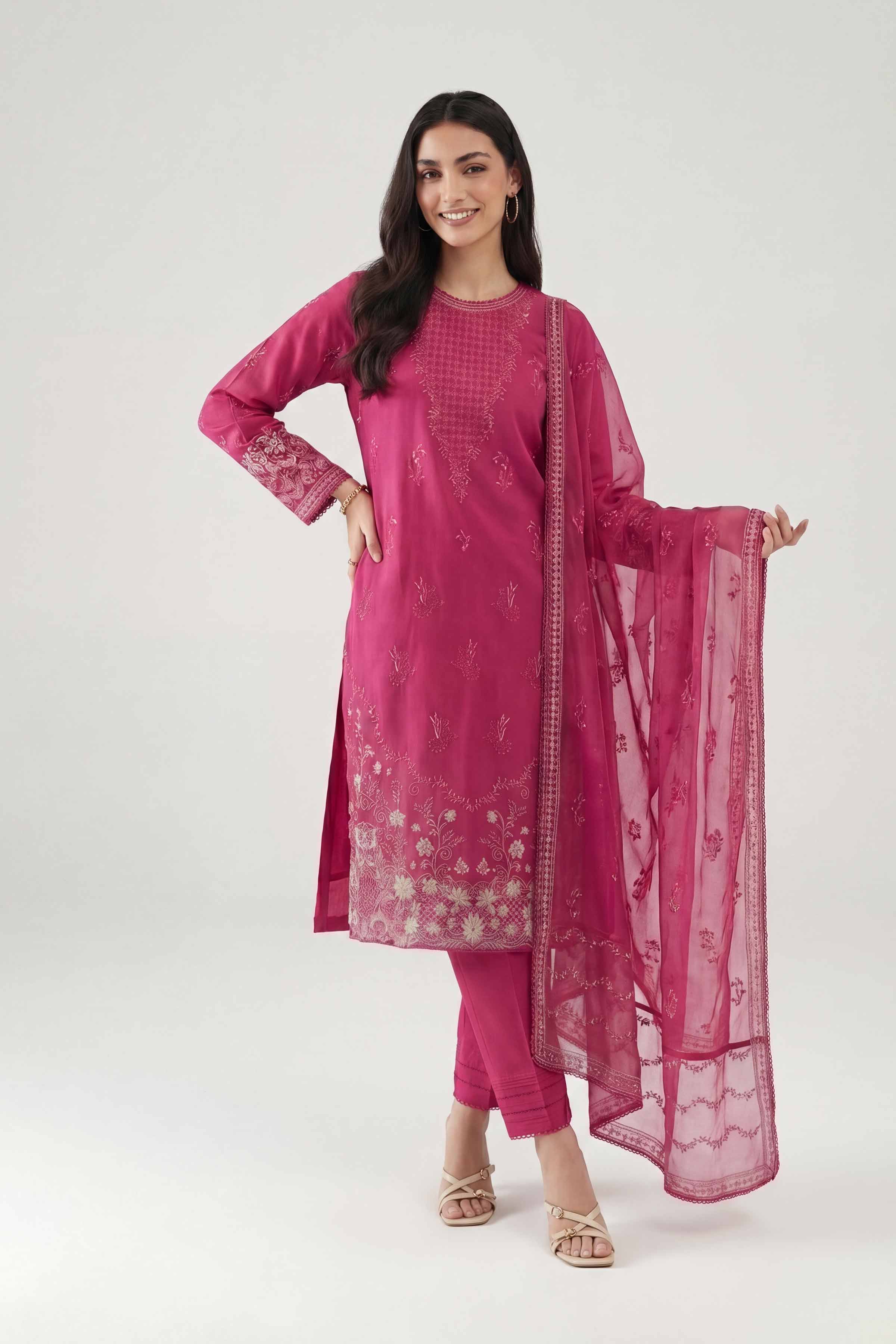 Nishat UK - Pink Embroidered Cambric 3 Pieces ready to wear luxury Suit