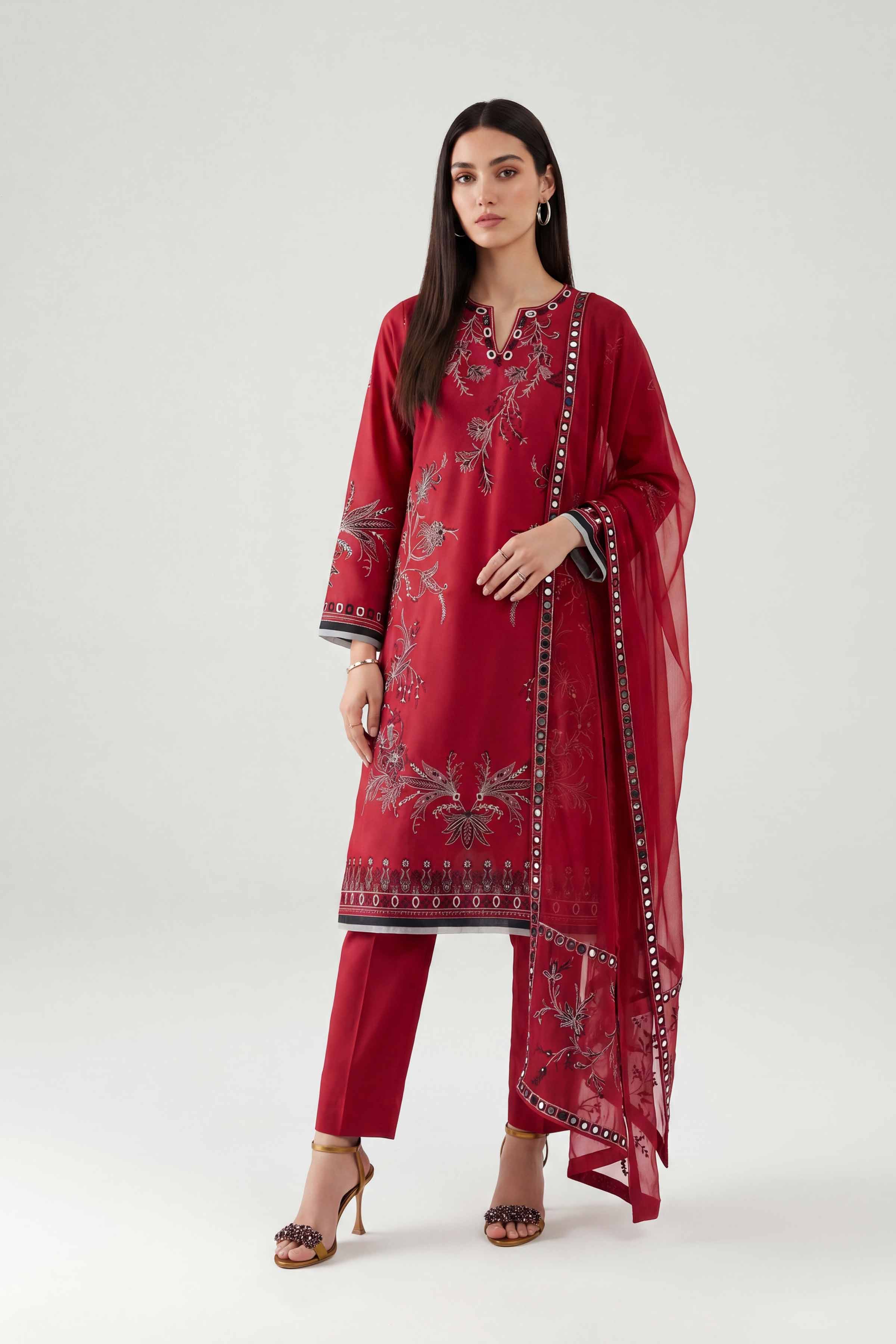 Nishat UK - Red Embroidered Cambric 3 Pieces ready to wear luxury luxury Pret