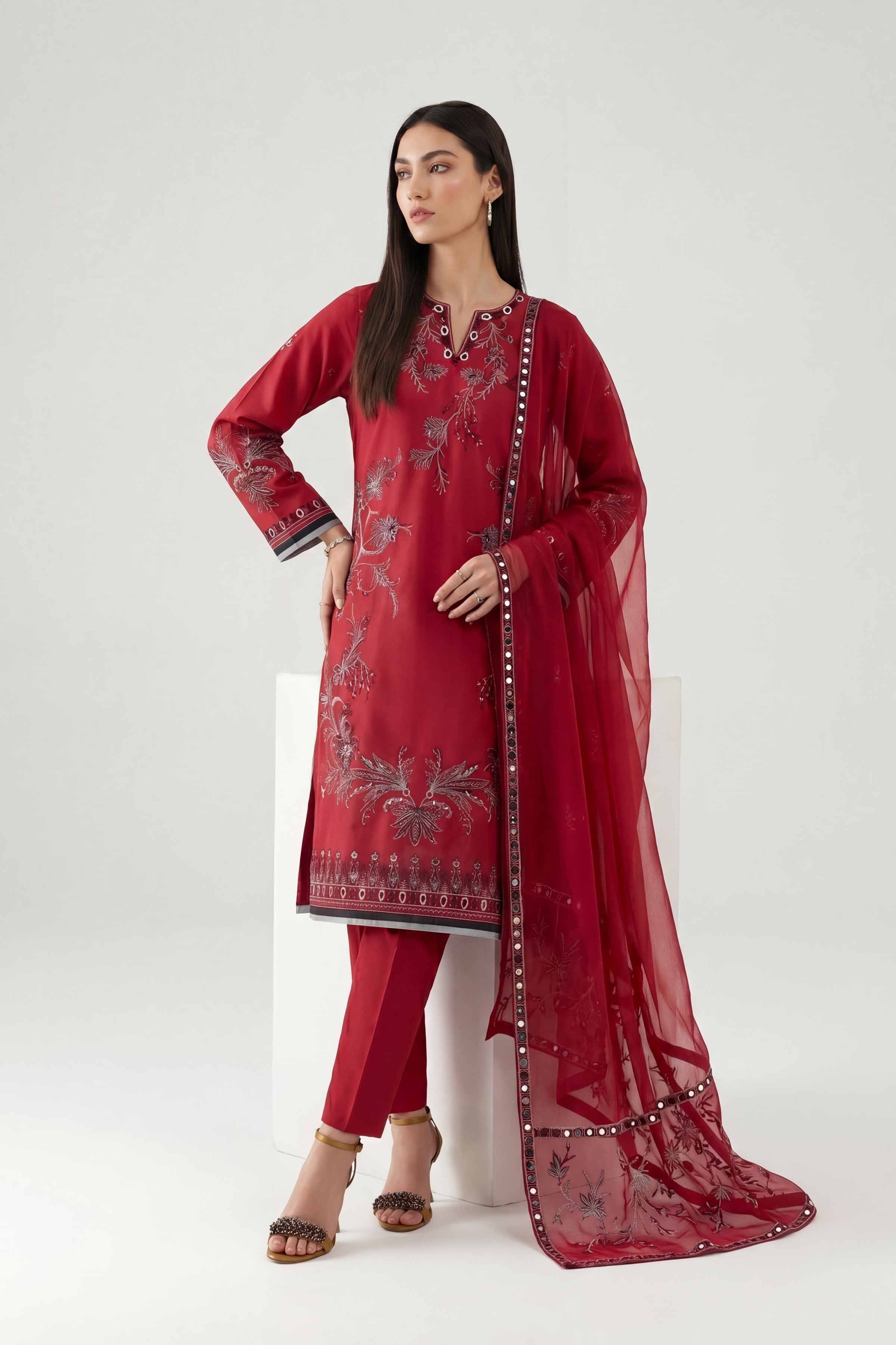 Nishat UK - Red Embroidered Cambric 3 Pieces ready to wear luxury luxury Pret