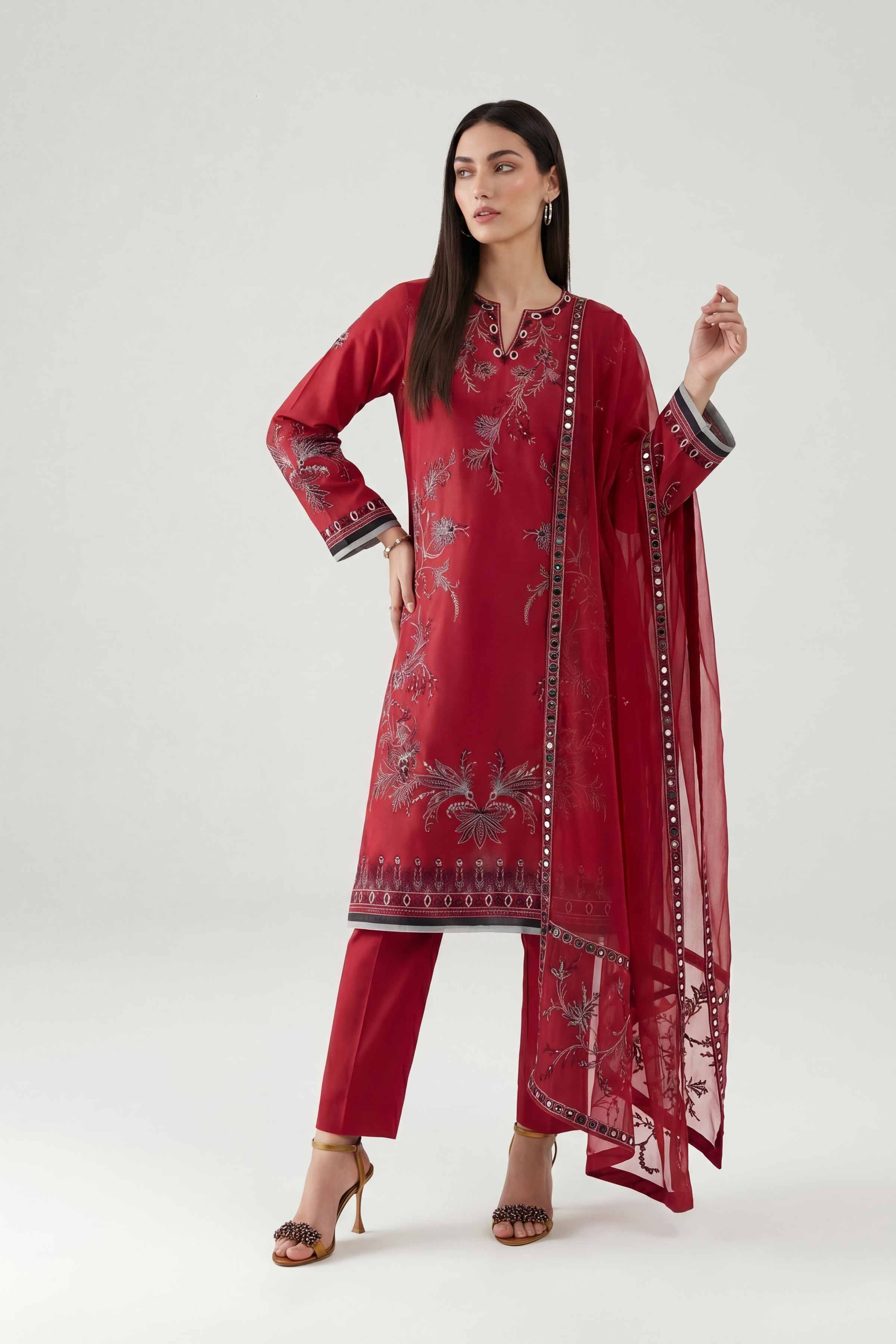 Nishat UK - Red Embroidered Cambric 3 Pieces ready to wear luxury luxury Pret