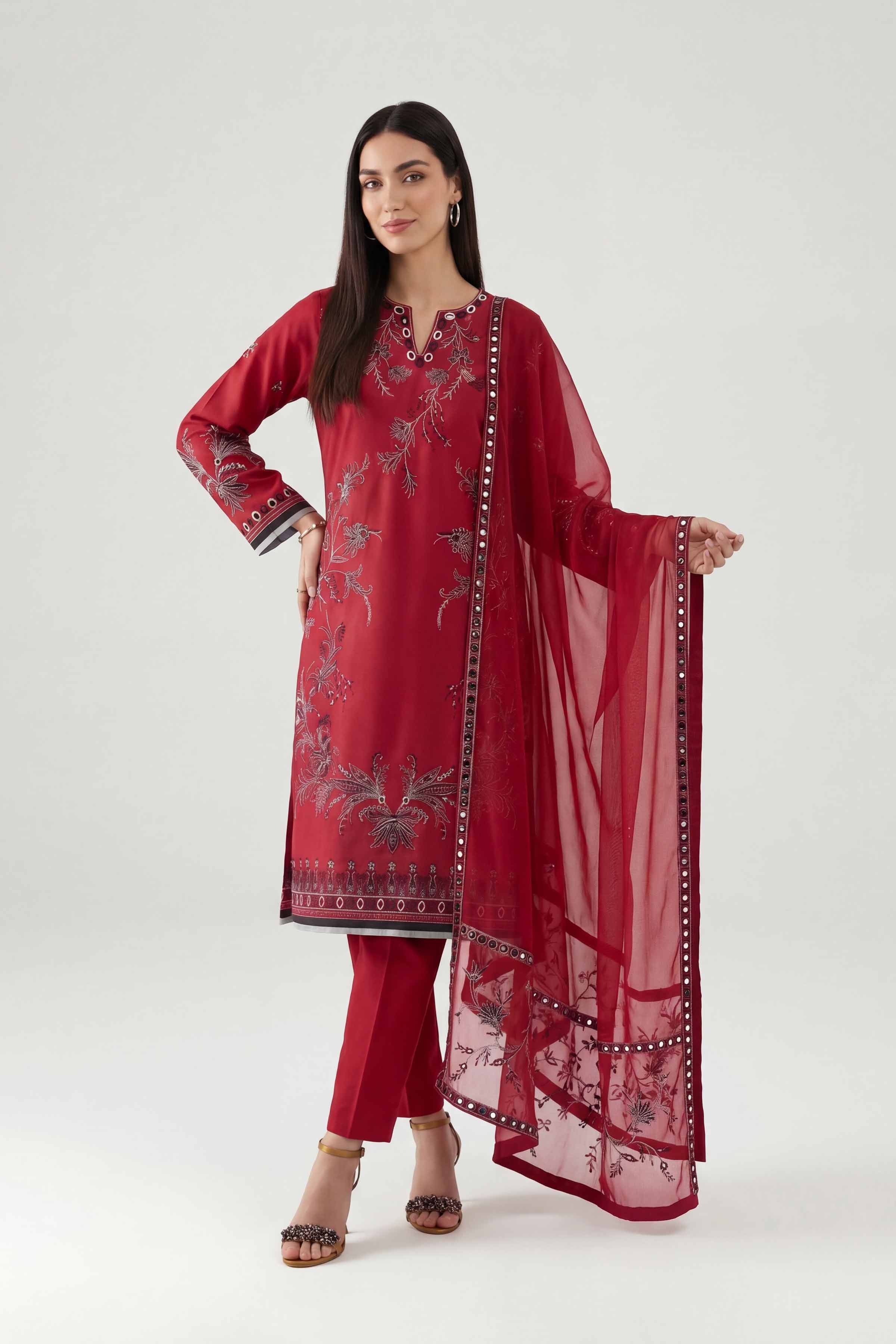 Nishat UK - Red Embroidered Cambric 3 Pieces ready to wear luxury luxury Pret