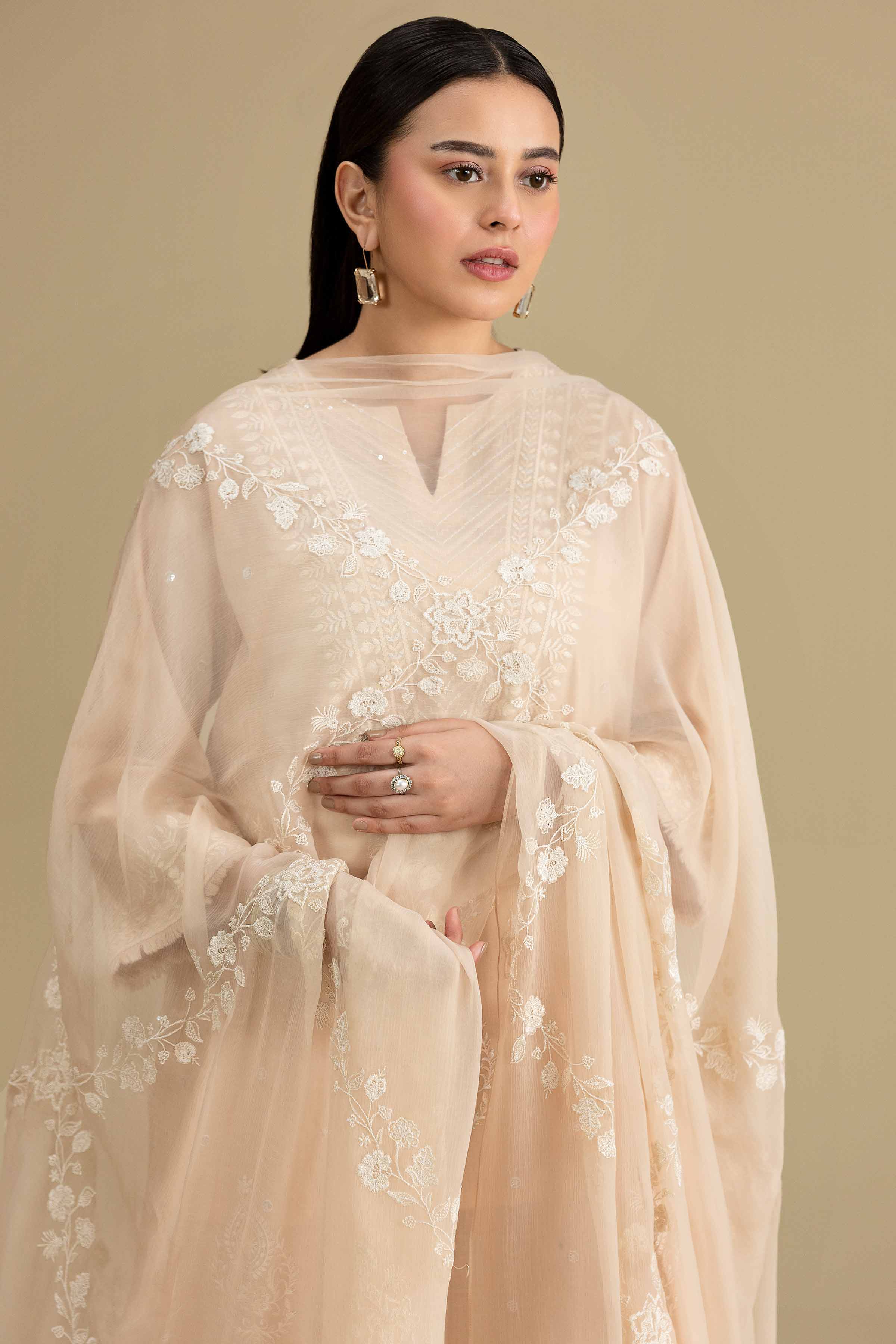 Nishat UK - Beige Embroidered Chiffon 1 Piece ready to wear luxury luxury Pret