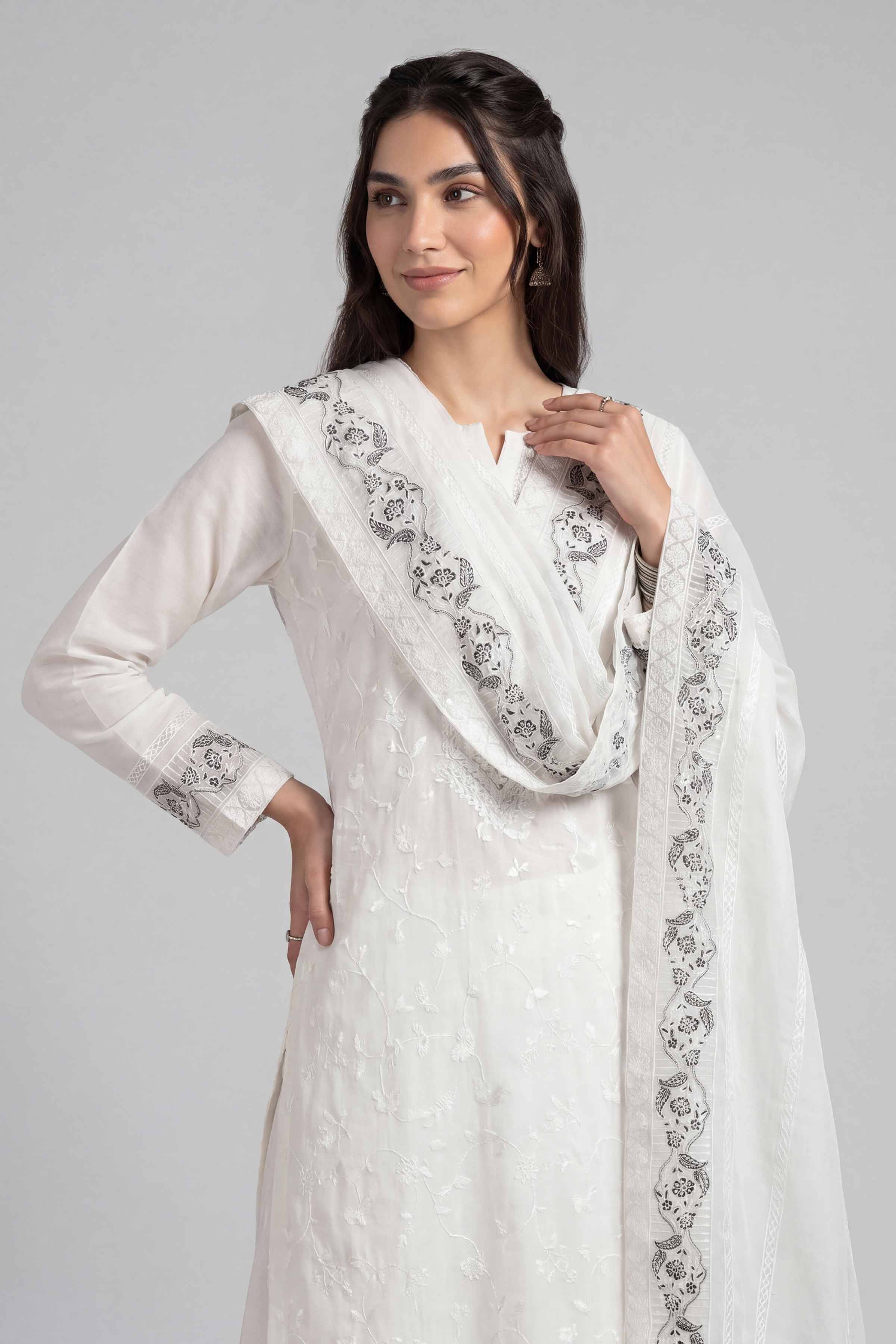 Nishat UK - White Embroidered Chiffon 1-piece ready to wear luxury dupatta