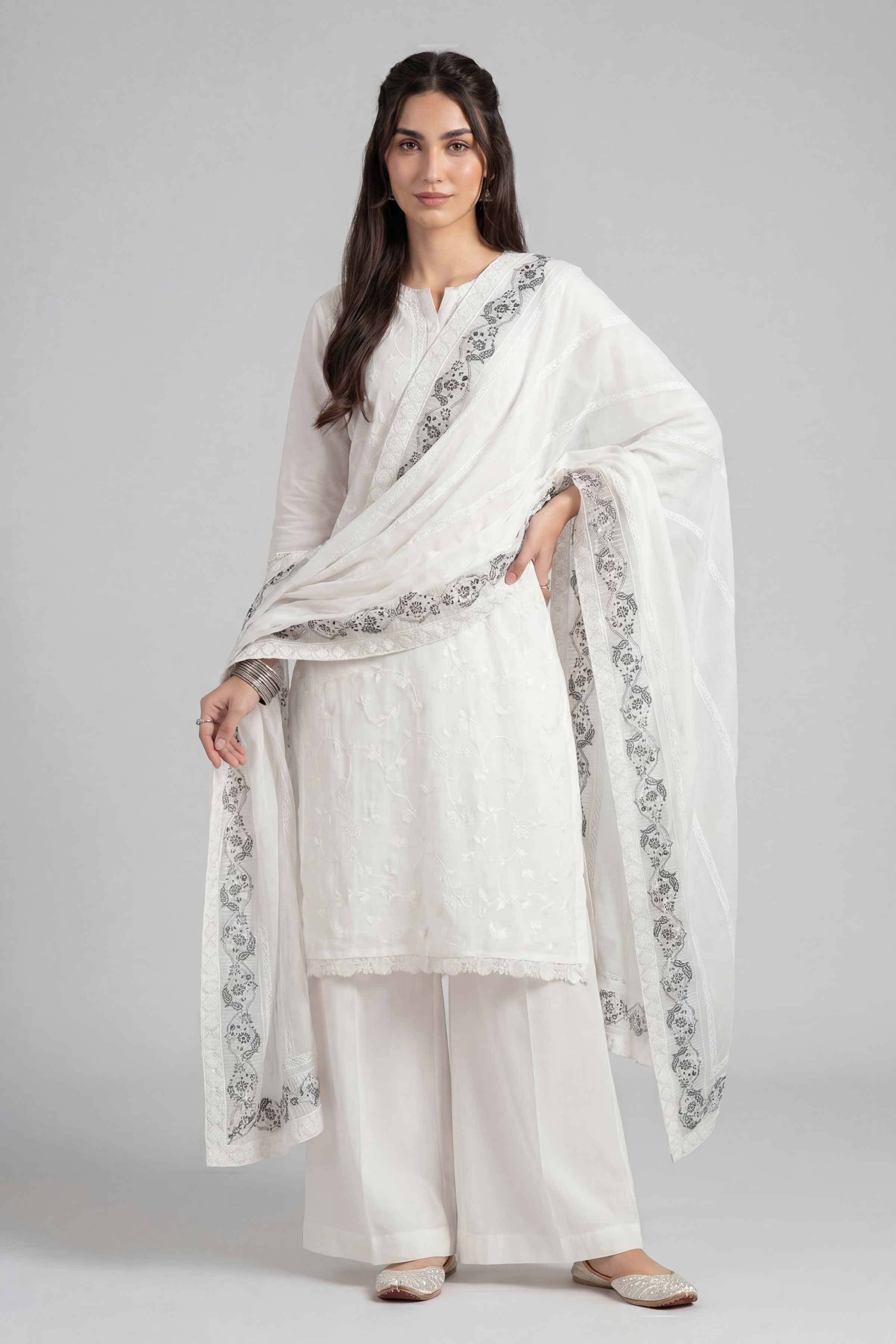 Nishat UK - White Embroidered Chiffon 1-piece ready to wear luxury dupatta