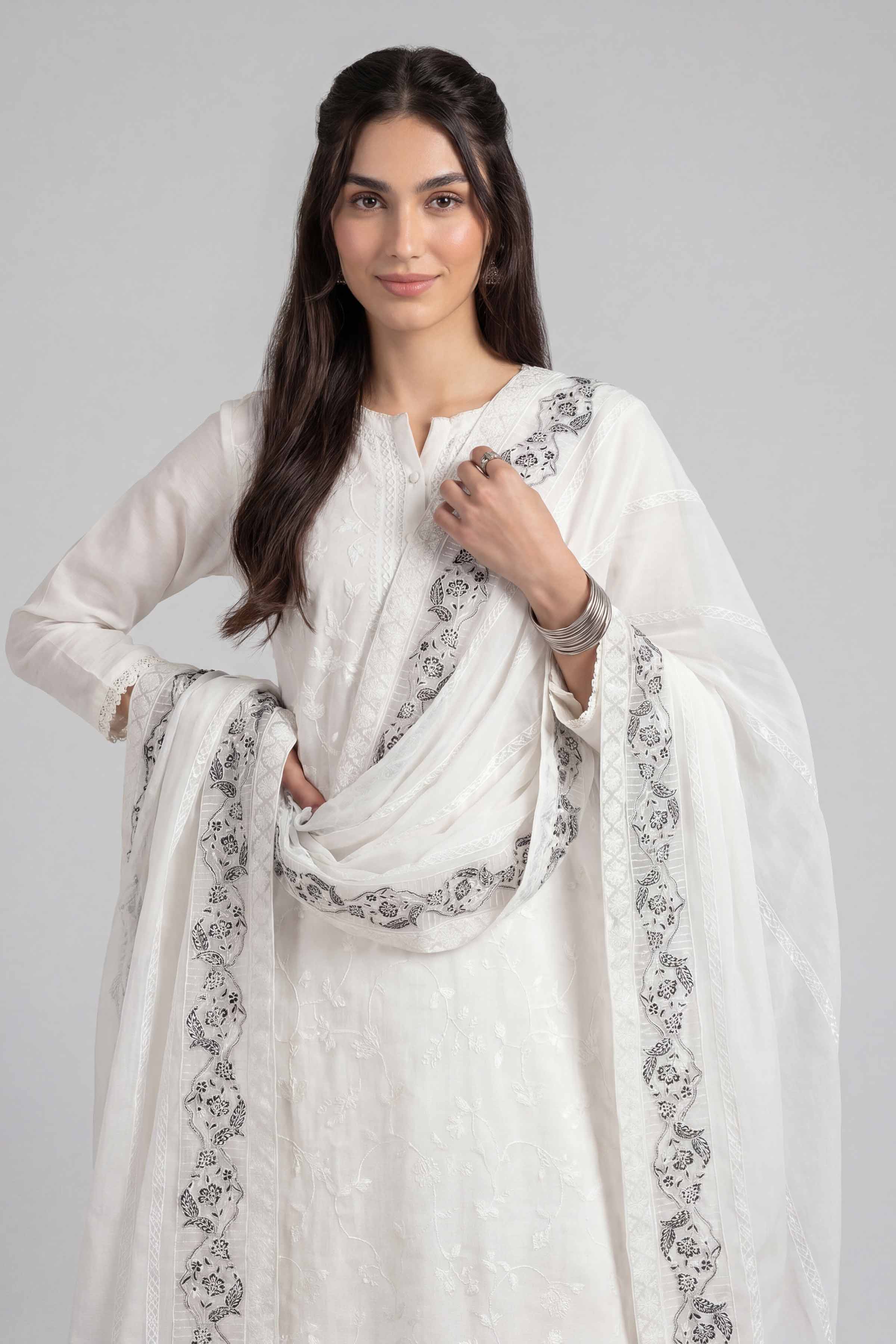 Nishat UK - White Embroidered Chiffon 1-piece ready to wear luxury dupatta