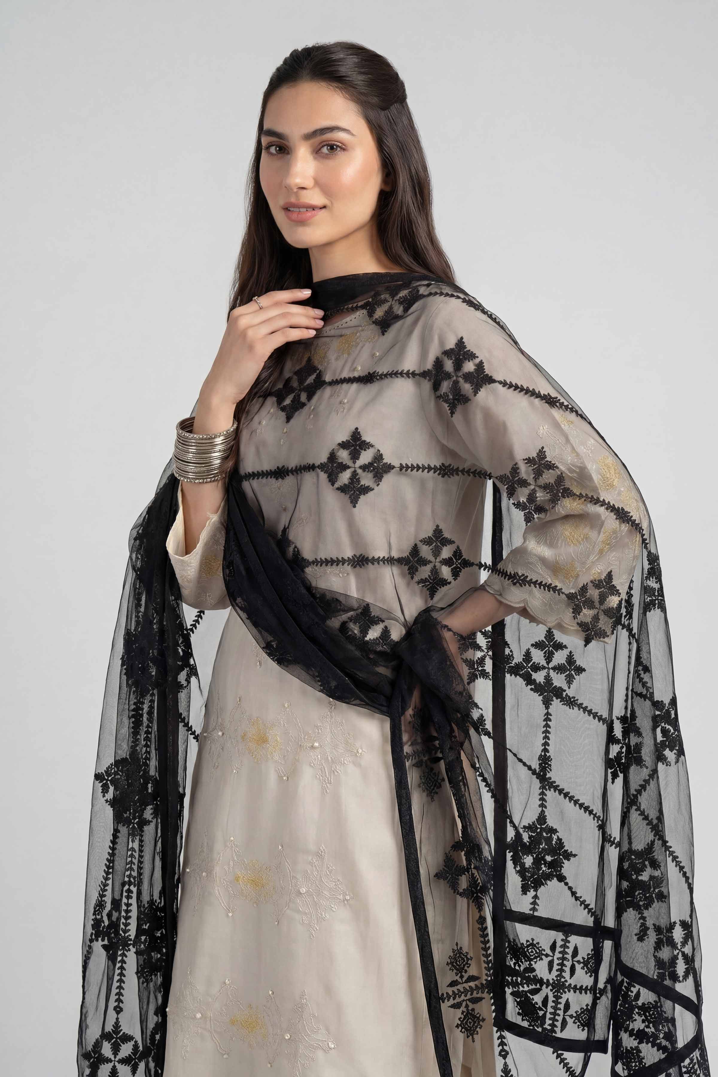 Nishat UK - Black Embroidered Net 1-piece ready to wear luxury dupatta