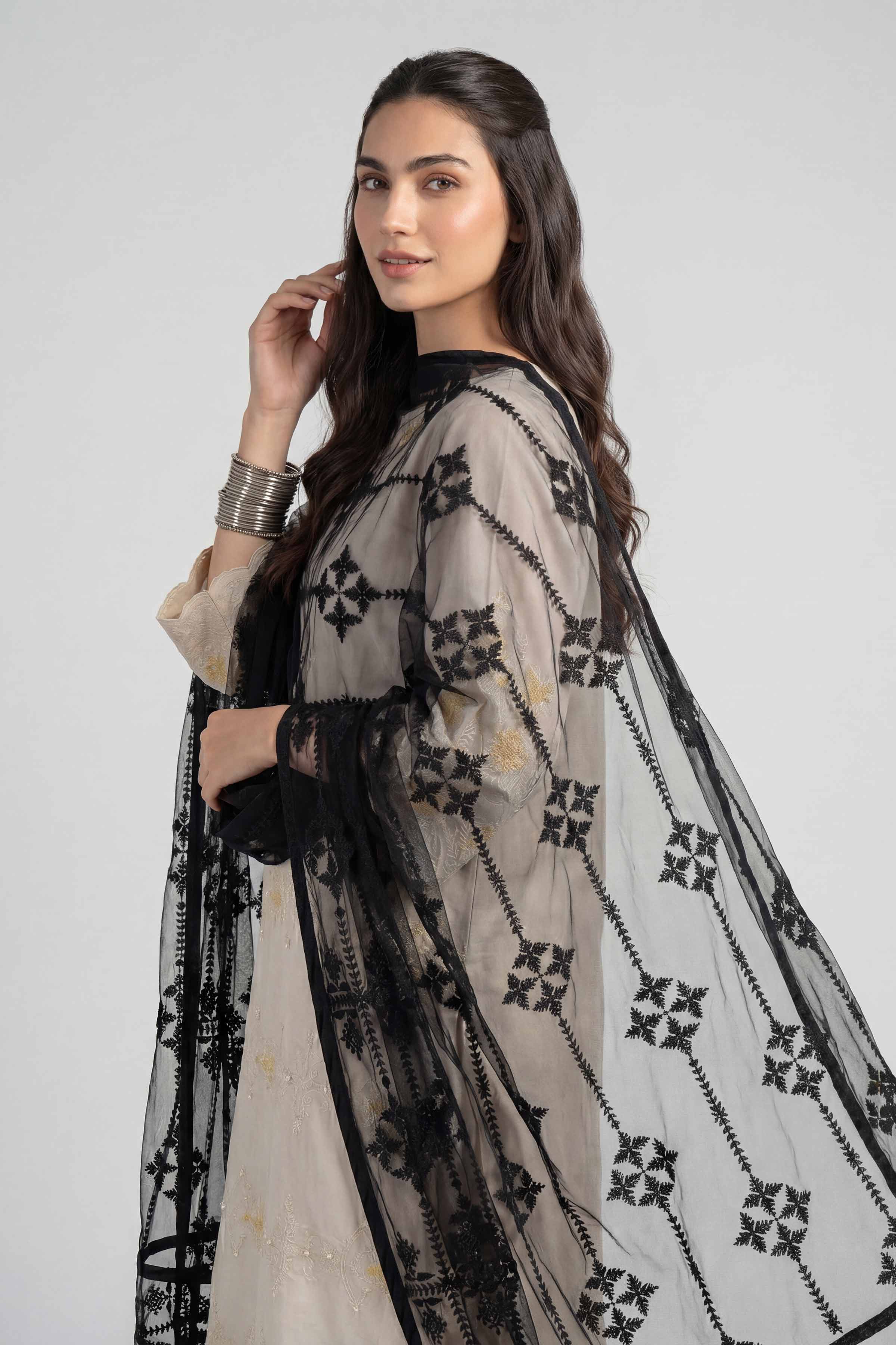 Nishat UK - Black Embroidered Net 1-piece ready to wear luxury dupatta