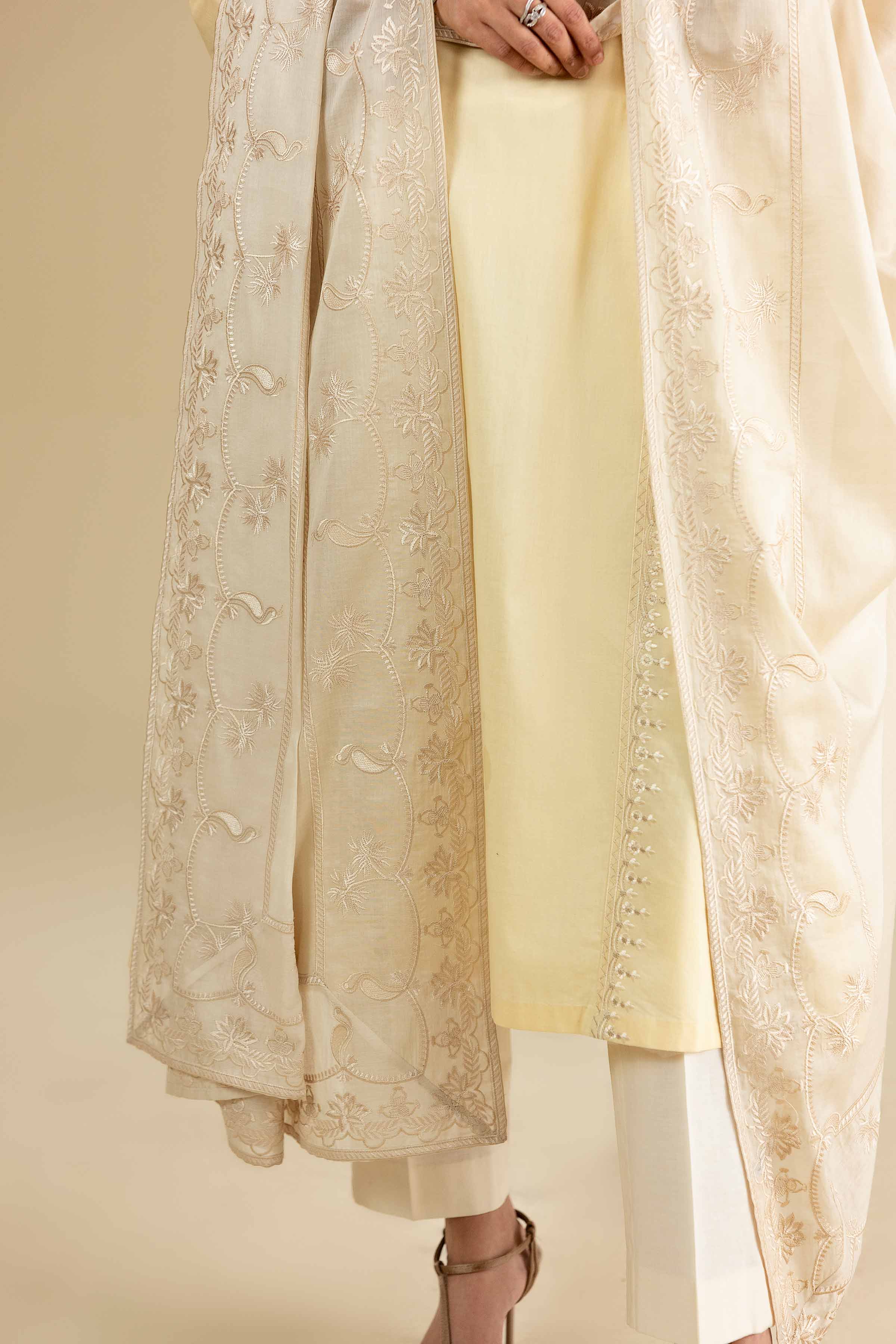 Nishat UK - Beige Embroidered Voile 1-piece ready to wear luxury dupatta