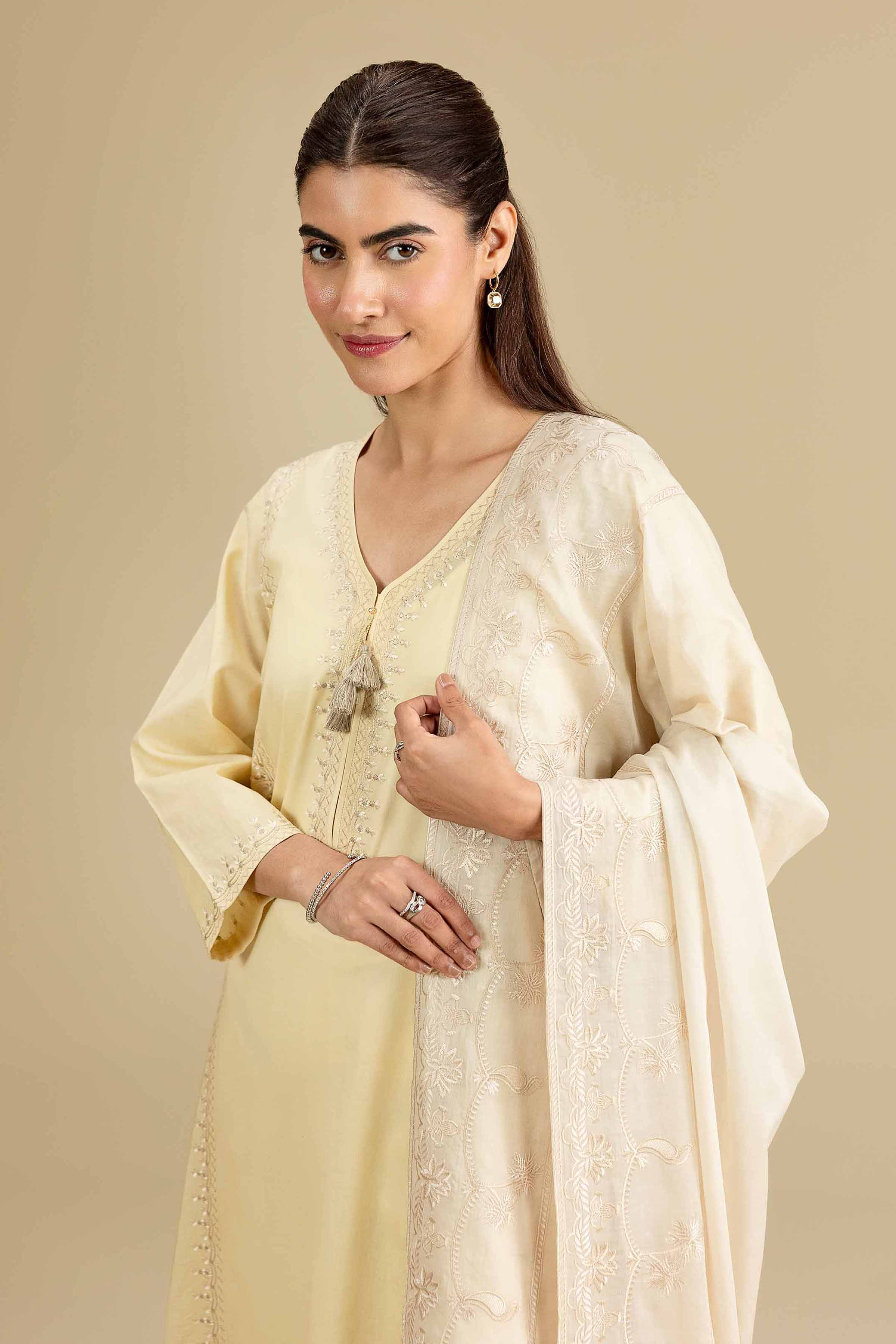 Nishat UK - Beige Embroidered Voile 1-piece ready to wear luxury dupatta