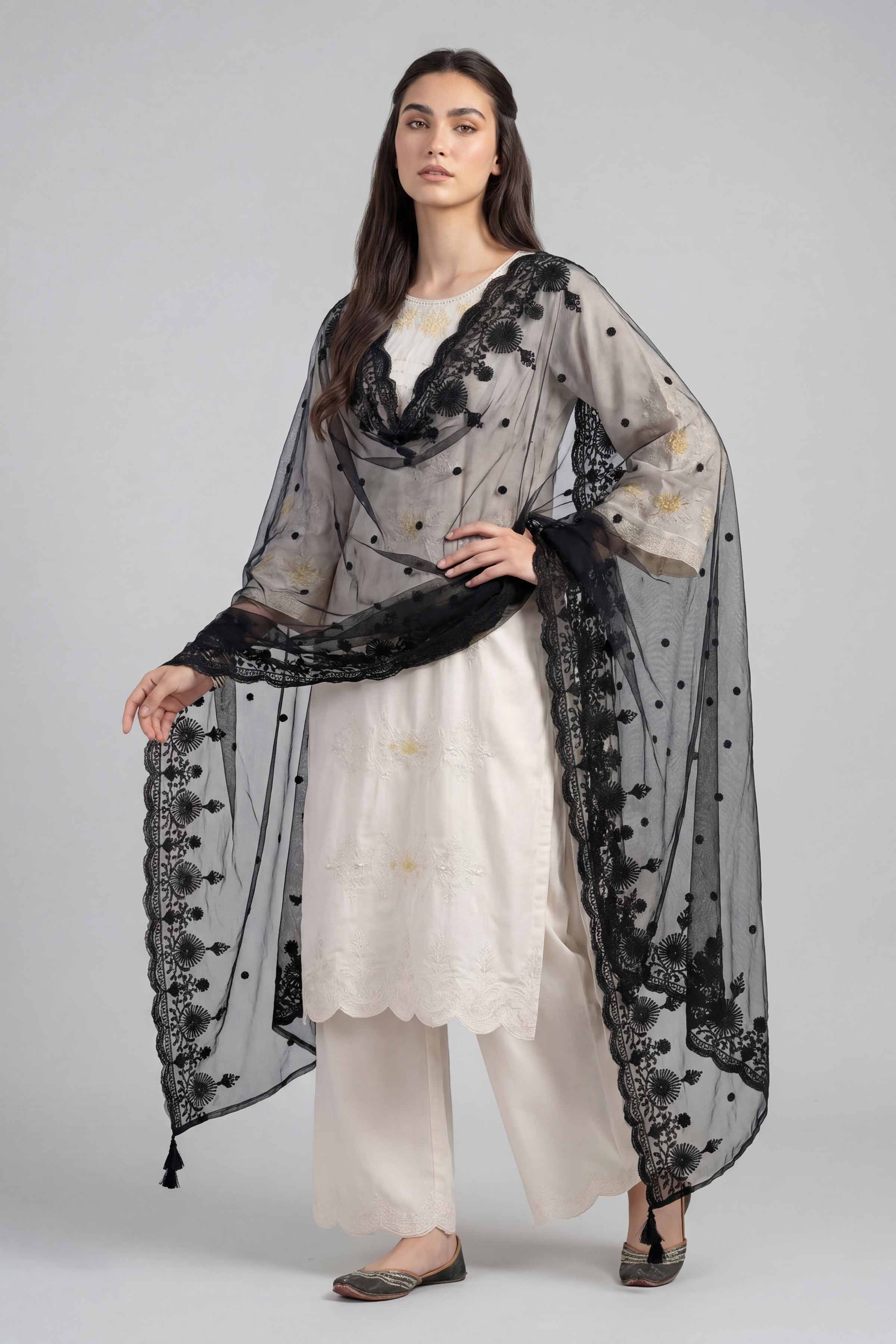 Nishat UK - Black Embroidered Net 1-piece ready to wear luxury dupatta