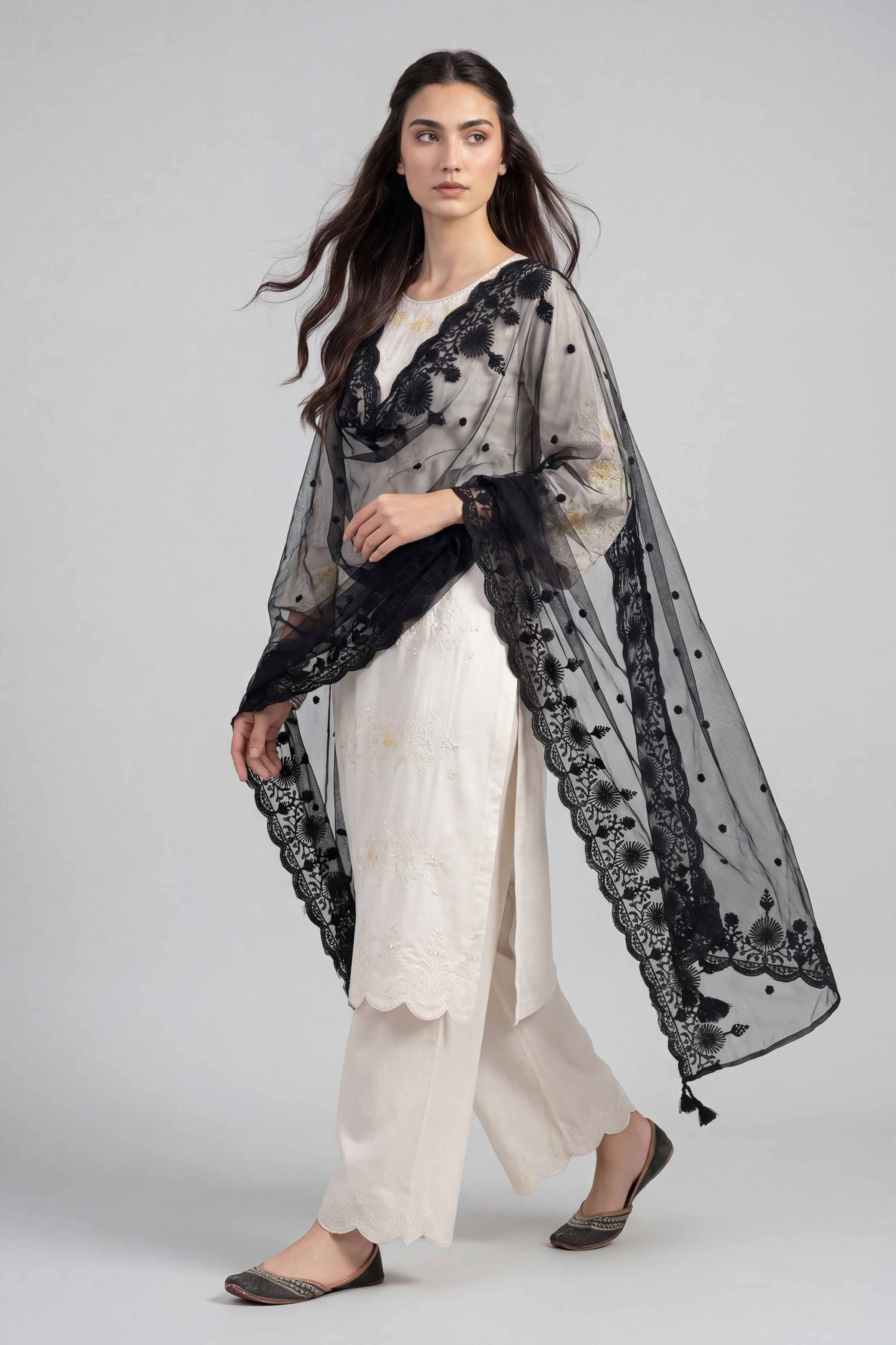 Nishat UK - Black Embroidered Net 1-piece ready to wear luxury dupatta