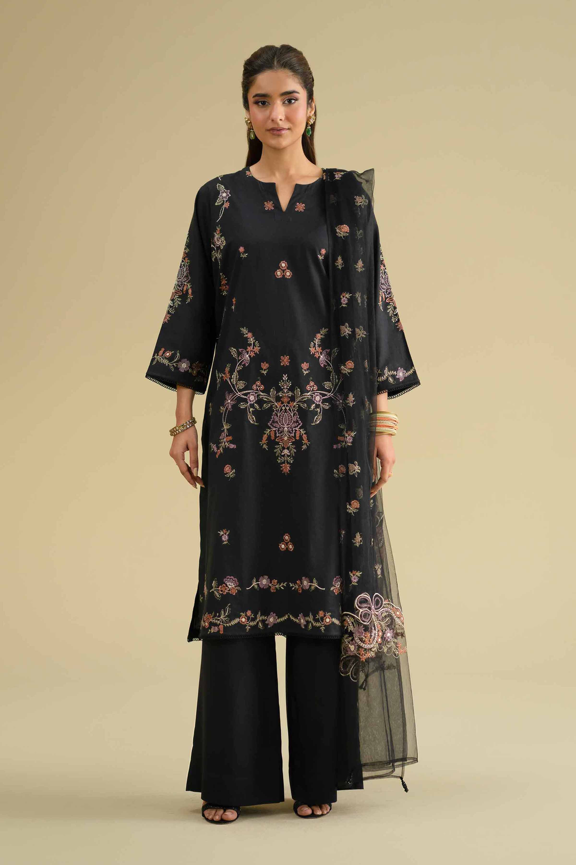 NishatUK - Balck Embroidered Cambric 2-piece ready to wear Dress