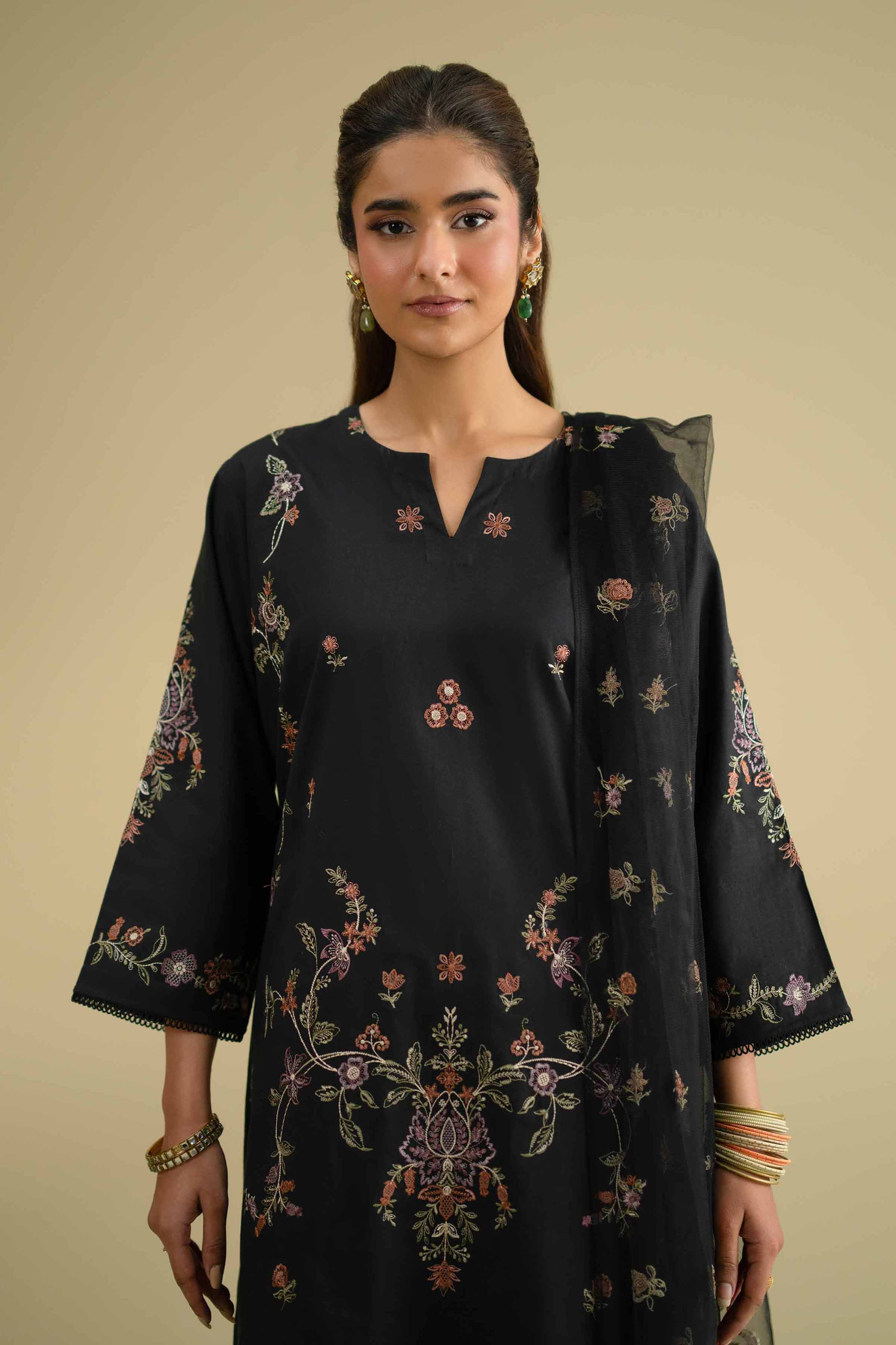 NishatUK - Balck Embroidered Cambric 2-piece ready to wear Dress