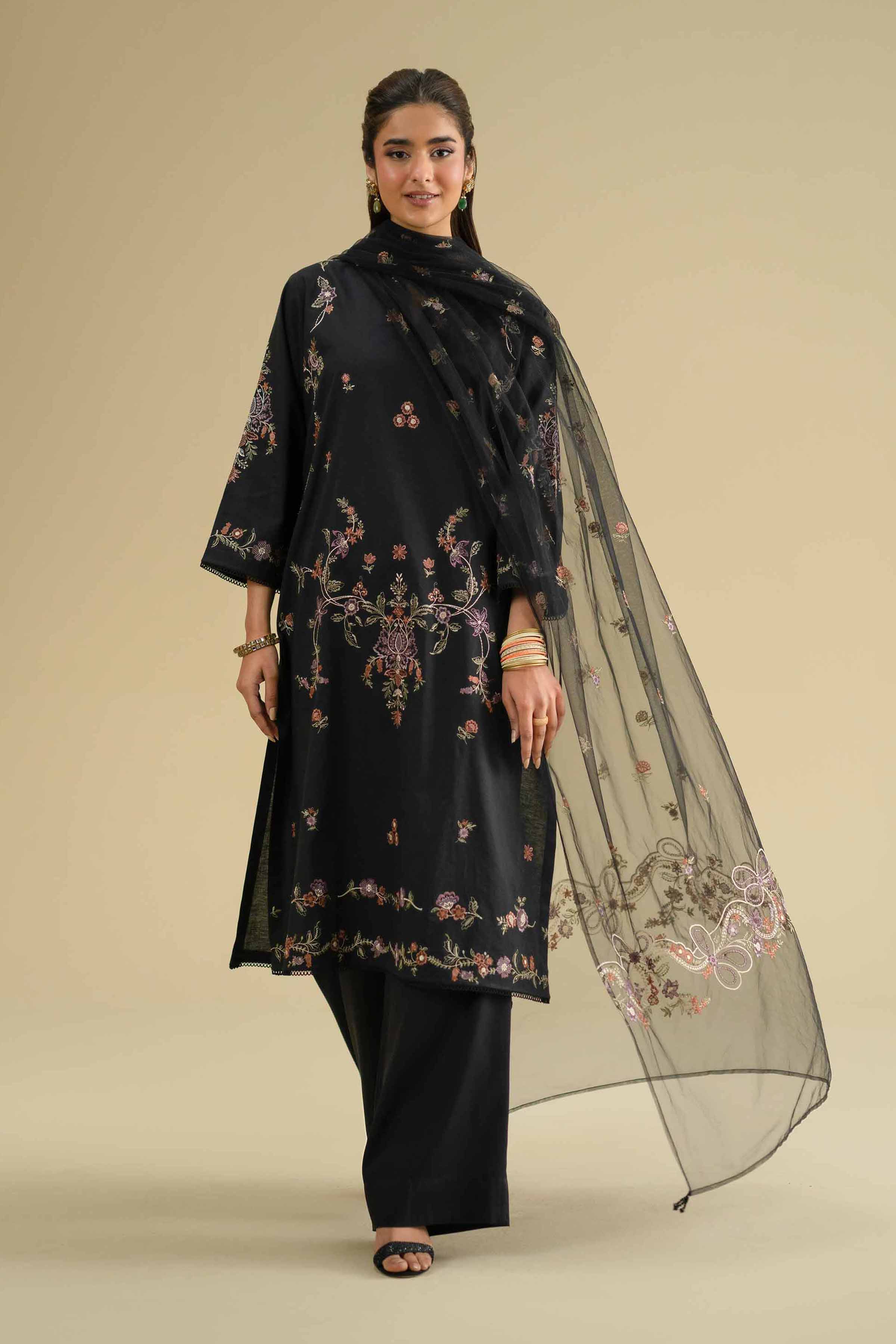 NishatUK - Balck Embroidered Cambric 2-piece ready to wear Dress
