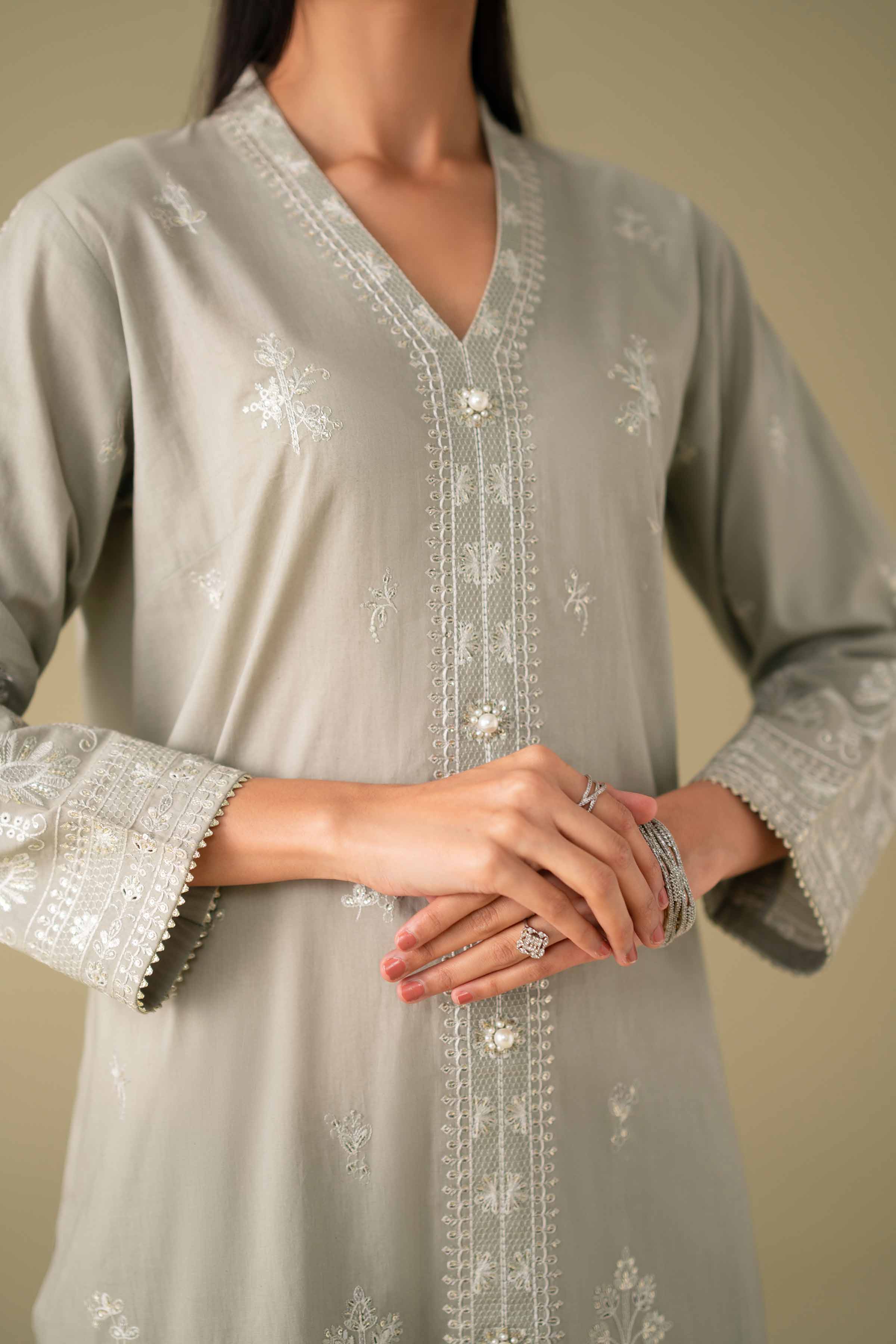 NishatUK - Grey Embroidered Cambric 3-piece ready to wear luxury Suit