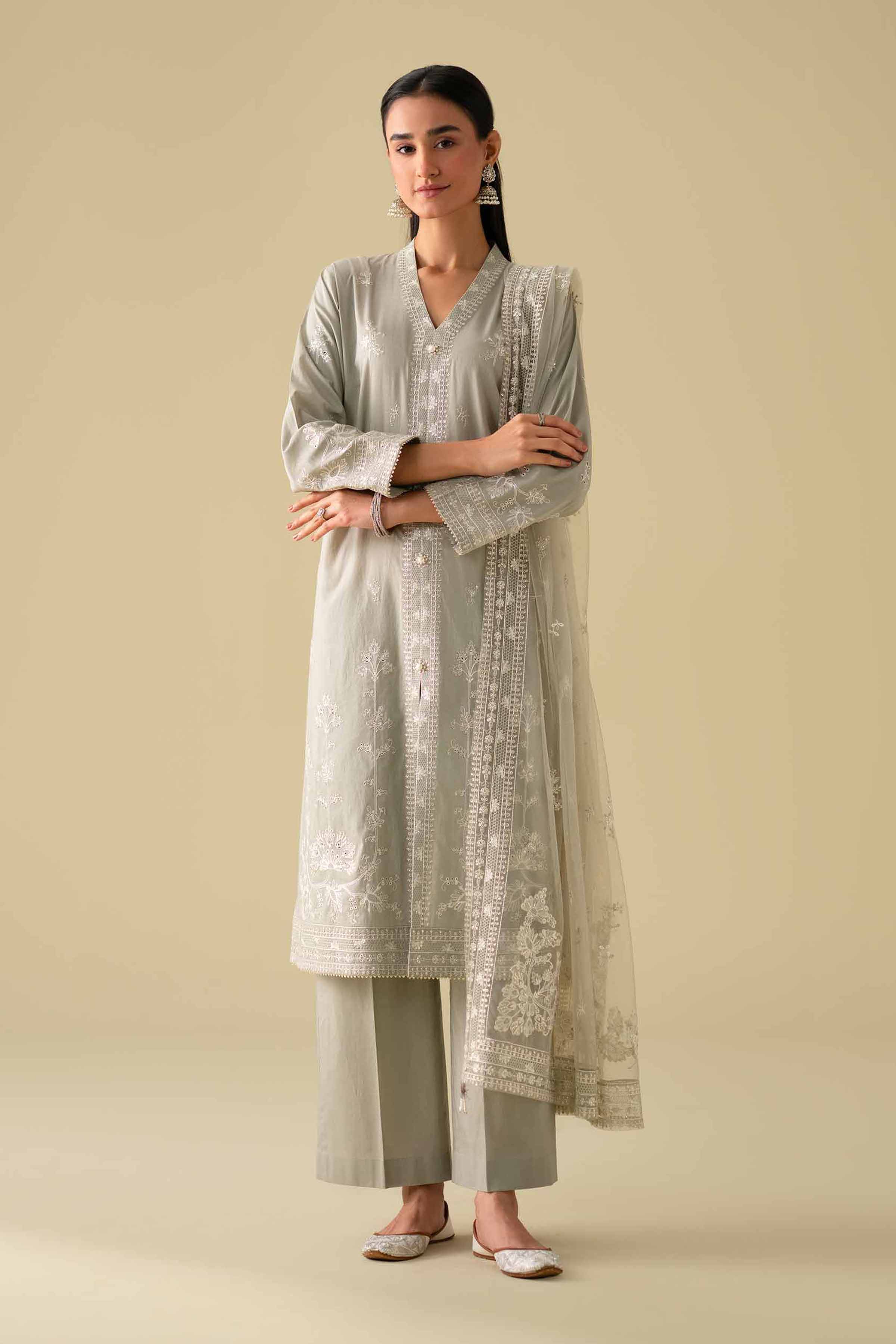 NishatUK - Grey Embroidered Cambric 3-piece ready to wear luxury Suit