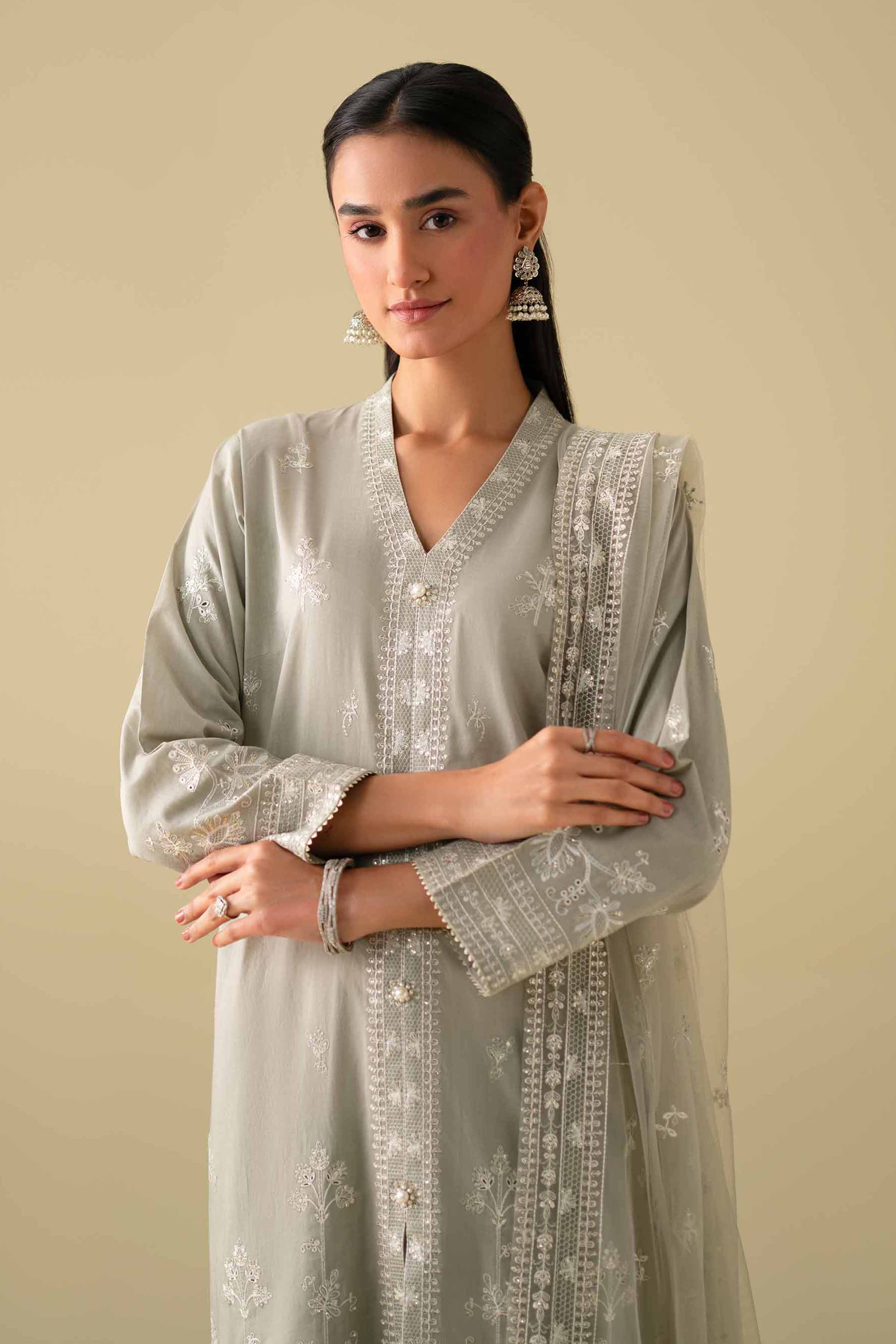 NishatUK - Grey Embroidered Cambric 3-piece ready to wear luxury Suit