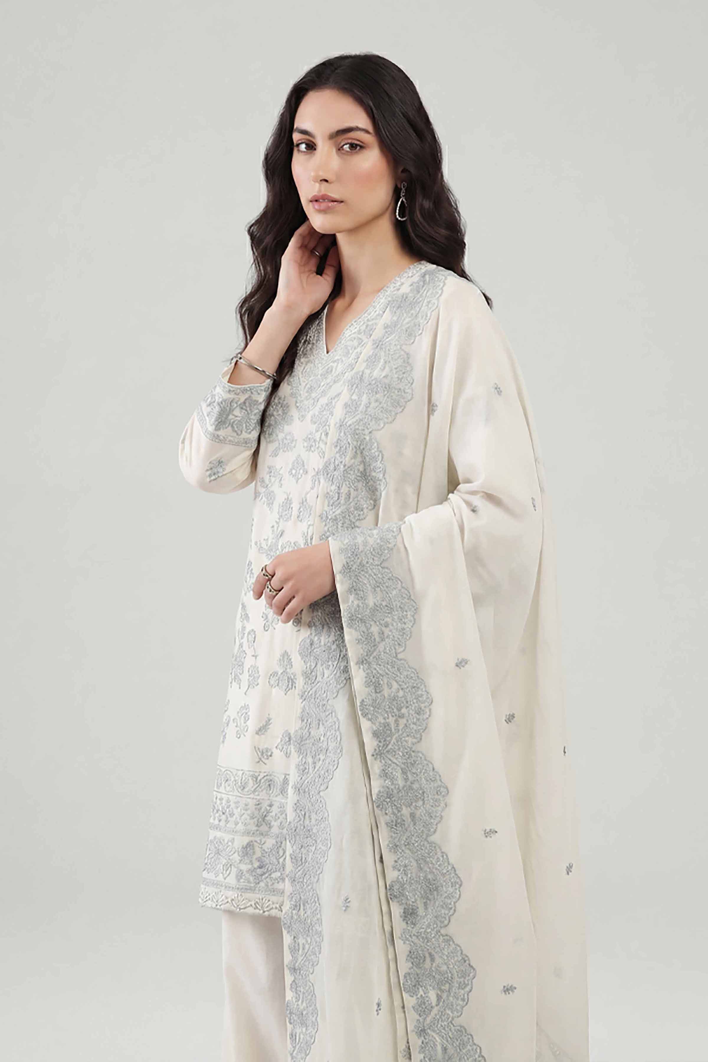 Nishat UK - Off White Embroidered Cambric 3-piece ready to wear luxury Suit