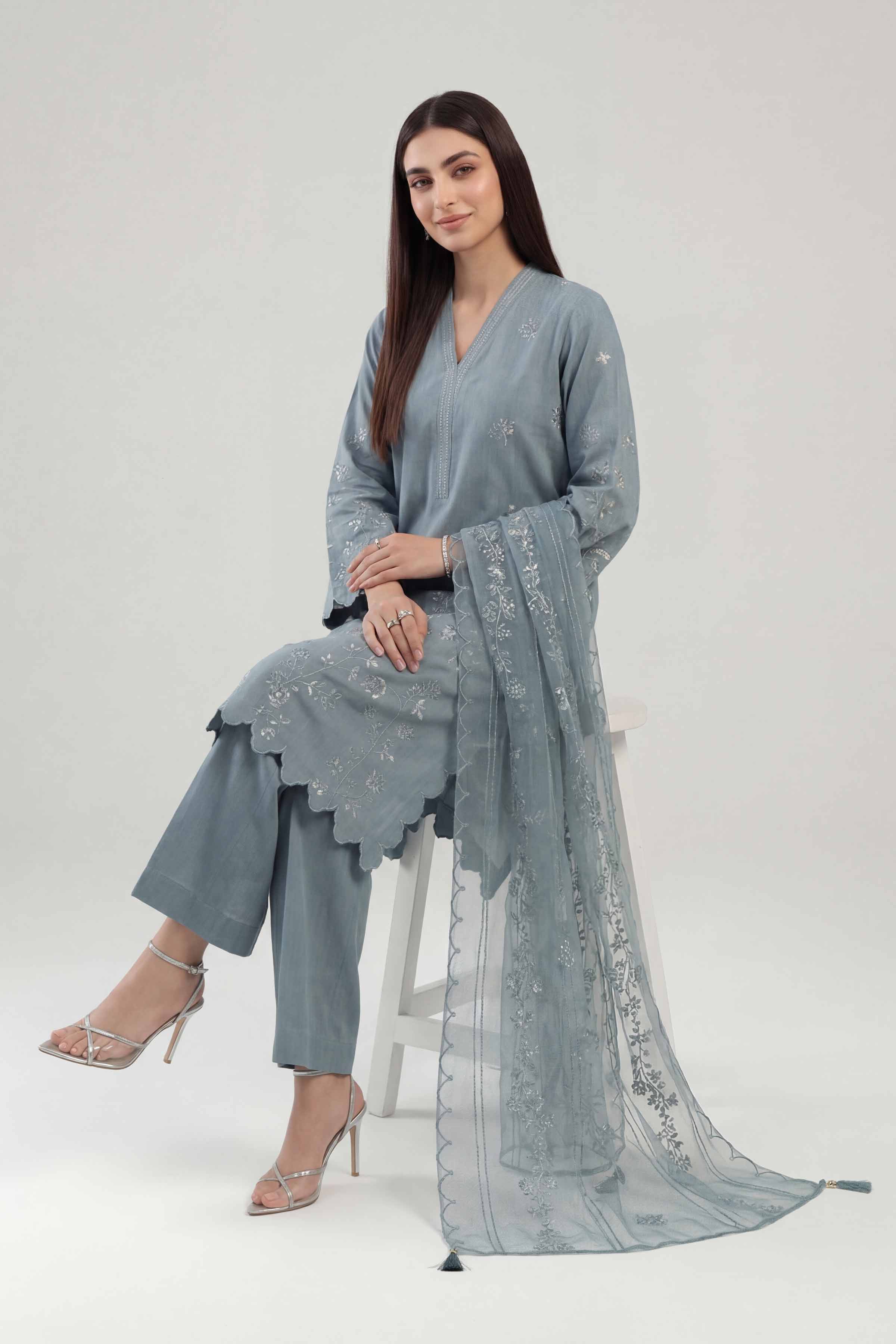 Nishat UK - Blue Embroidered Yarn Dyed 3 Pieces ready to wear luxury Suit