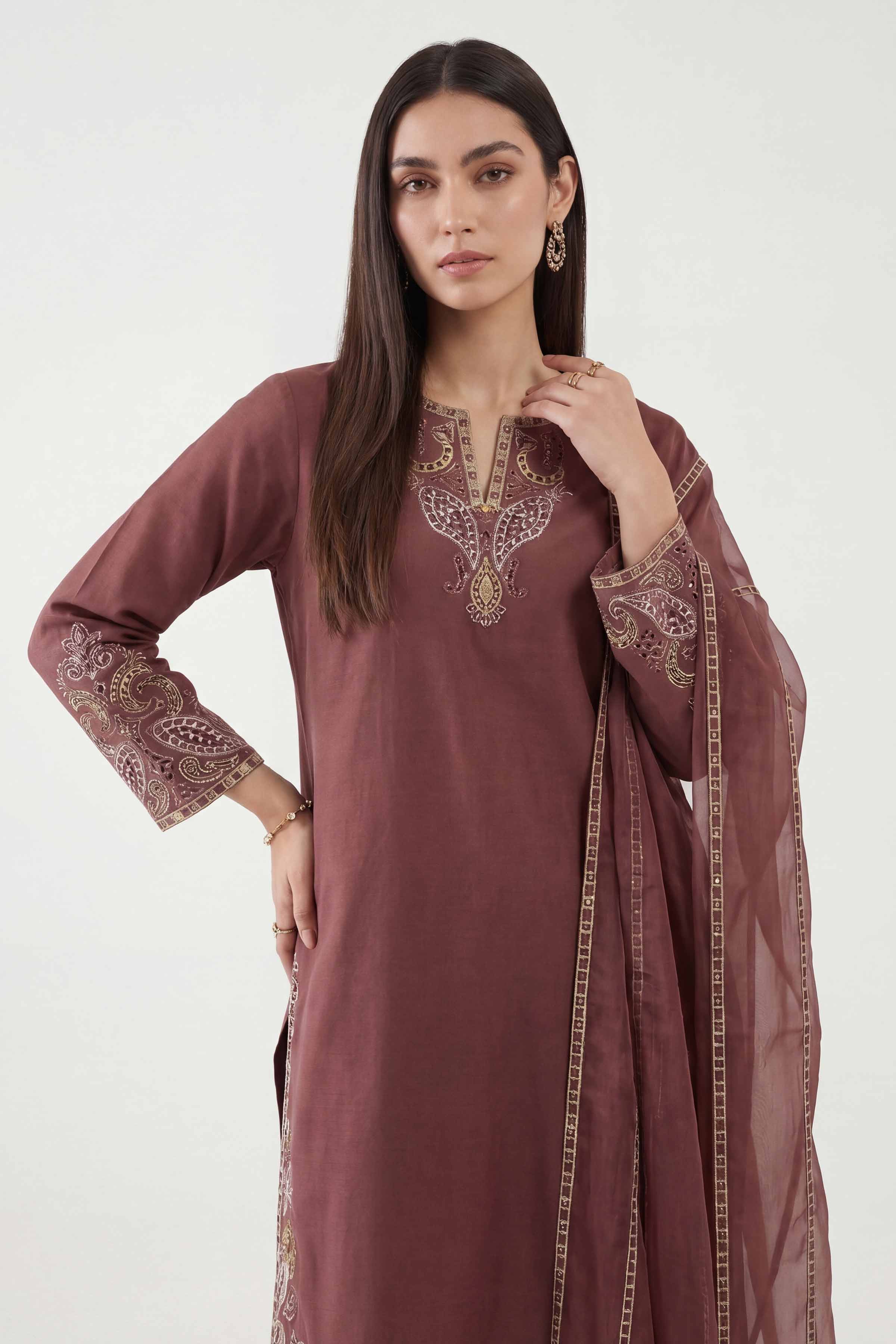 Nishat UK - Red Embroidered Yarn Dyed 3 Pieces ready to wear luxury luxury Pret