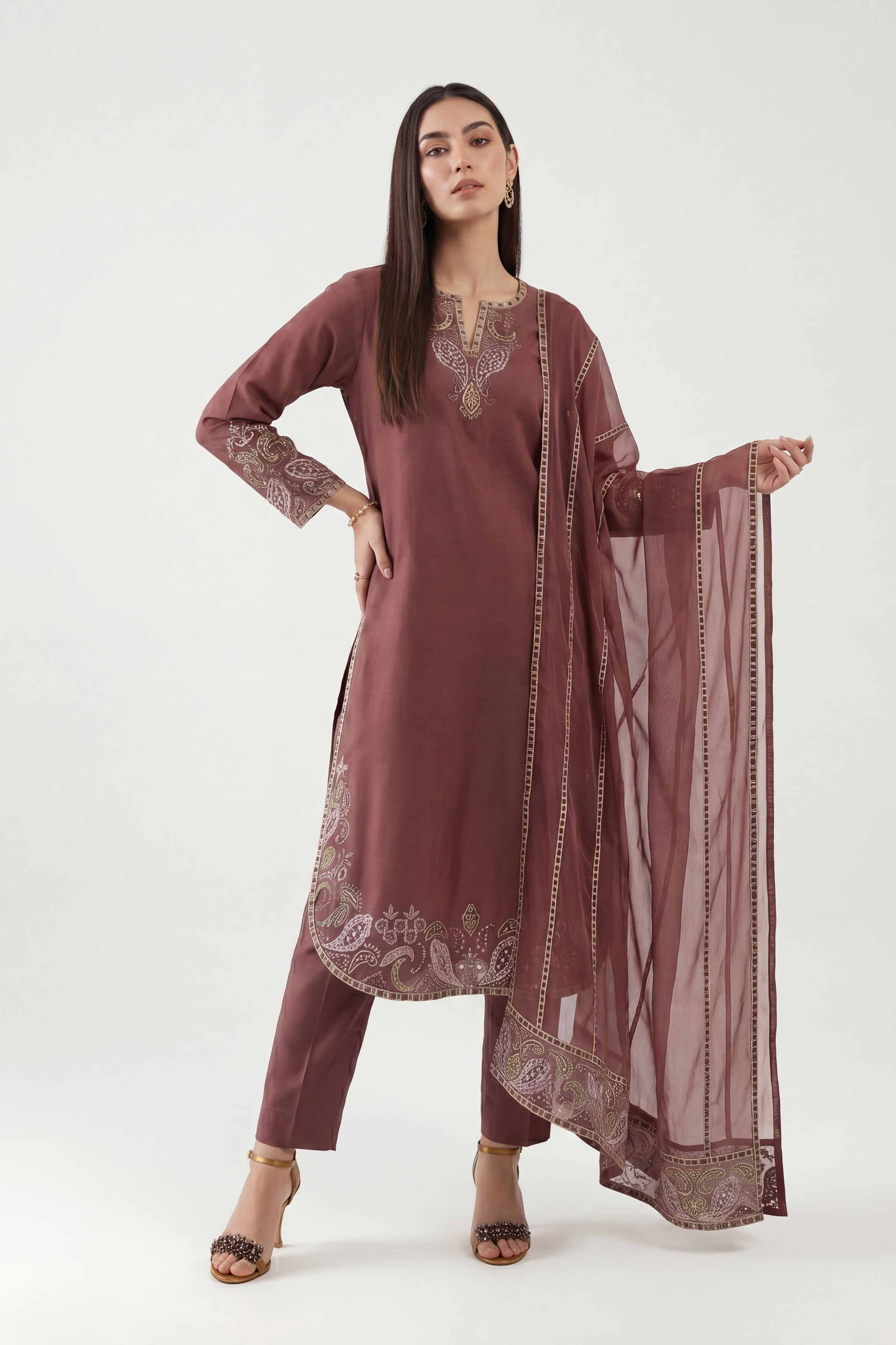 Nishat UK - Red Embroidered Yarn Dyed 3 Pieces ready to wear luxury luxury Pret