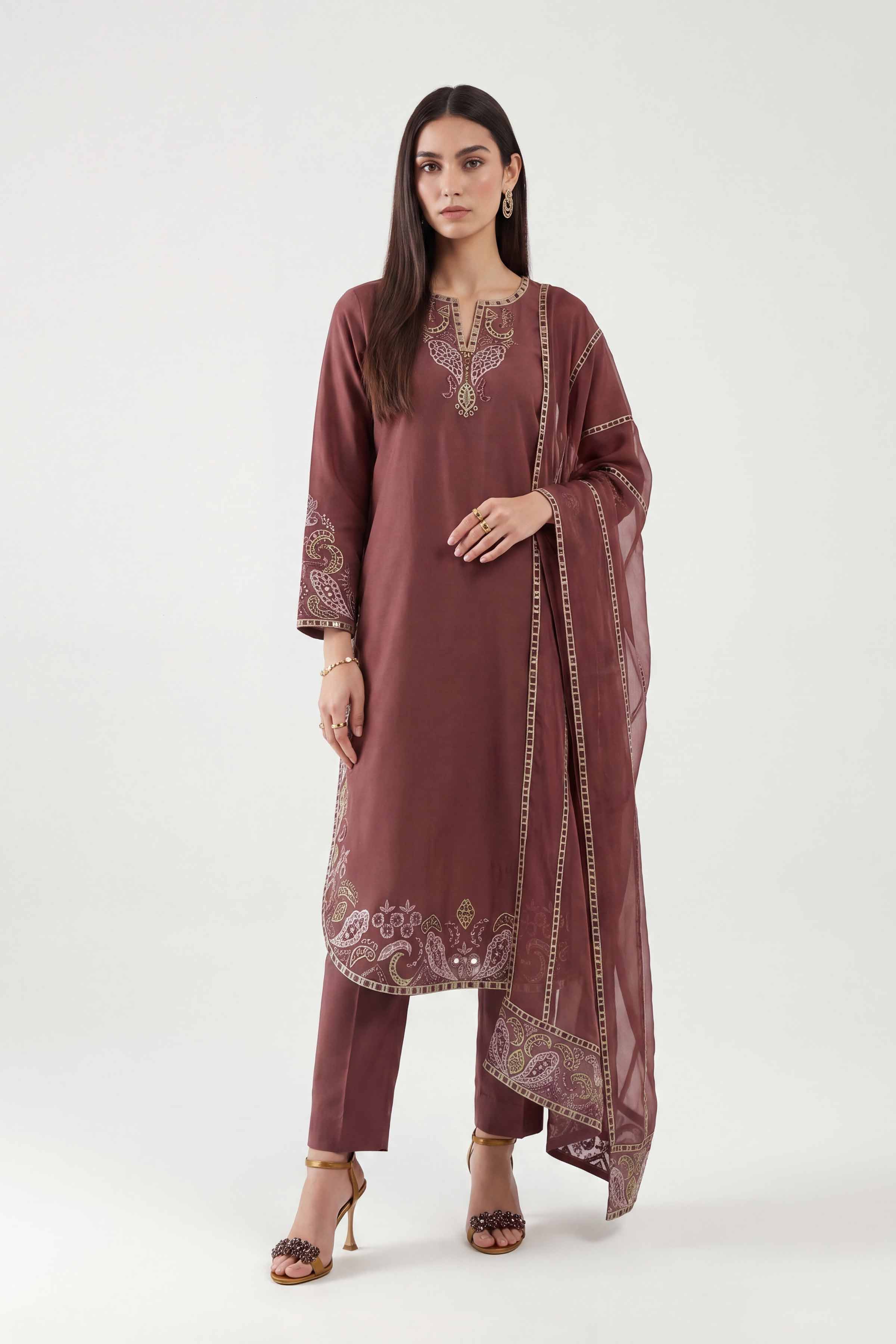 Nishat UK - Red Embroidered Yarn Dyed 3 Pieces ready to wear luxury luxury Pret