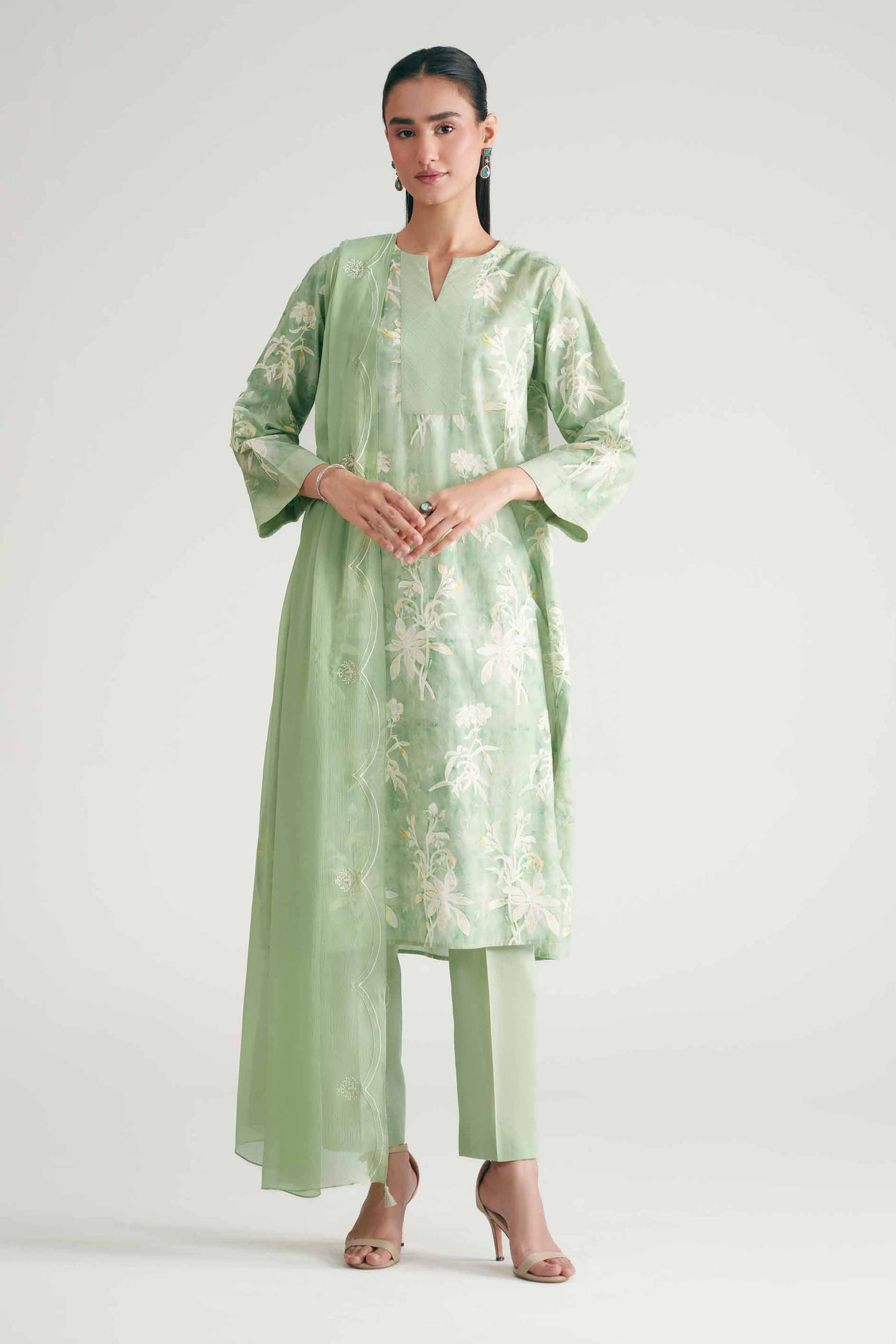 Nishat UK - Green Printed Cambric 3-piece ready to wear luxury Suit