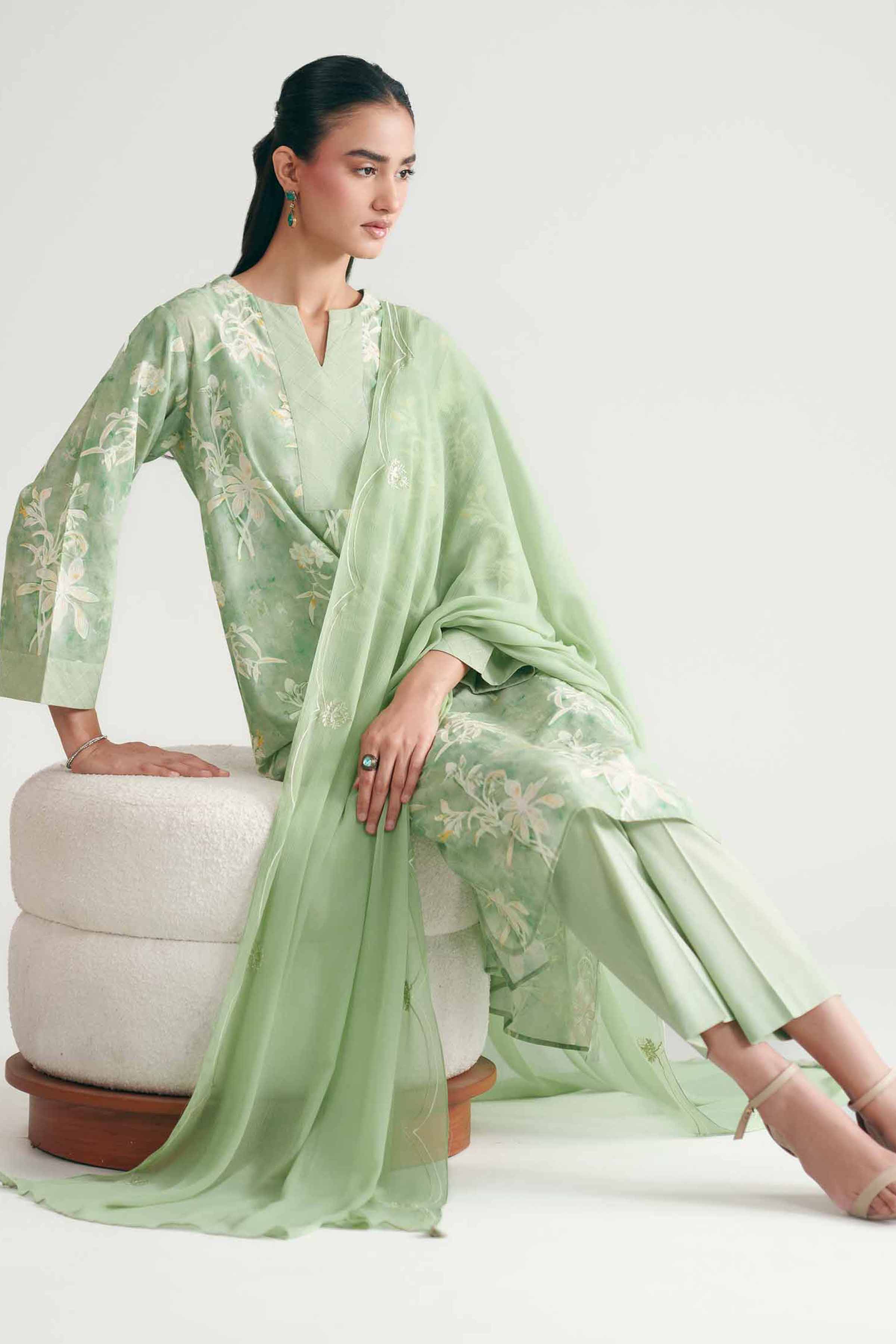 Nishat UK - Green Printed Cambric 3-piece ready to wear luxury Suit