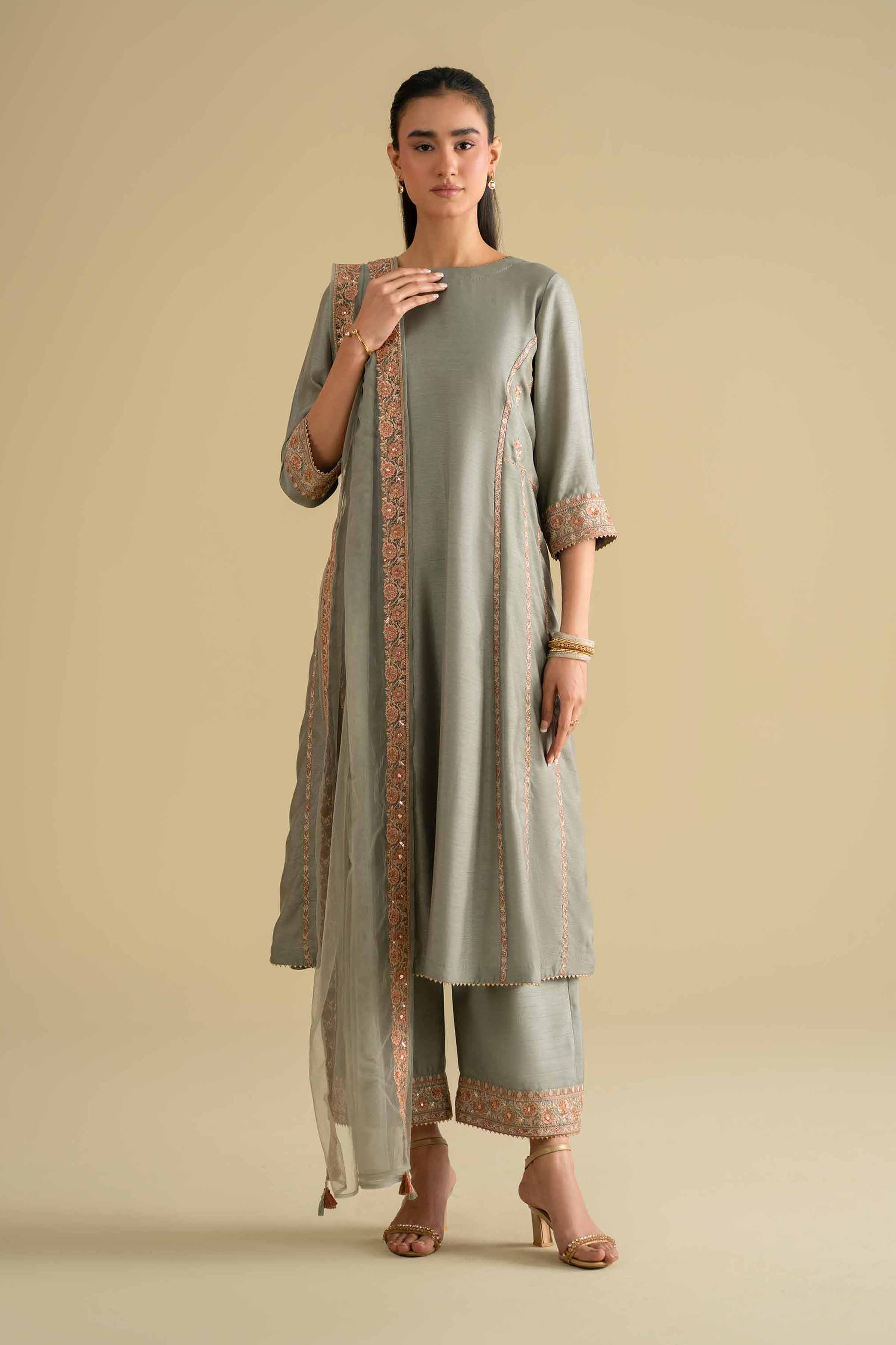 Nishat UK - Grey Embroidered Silk 3-piece ready to wear luxury Suit
