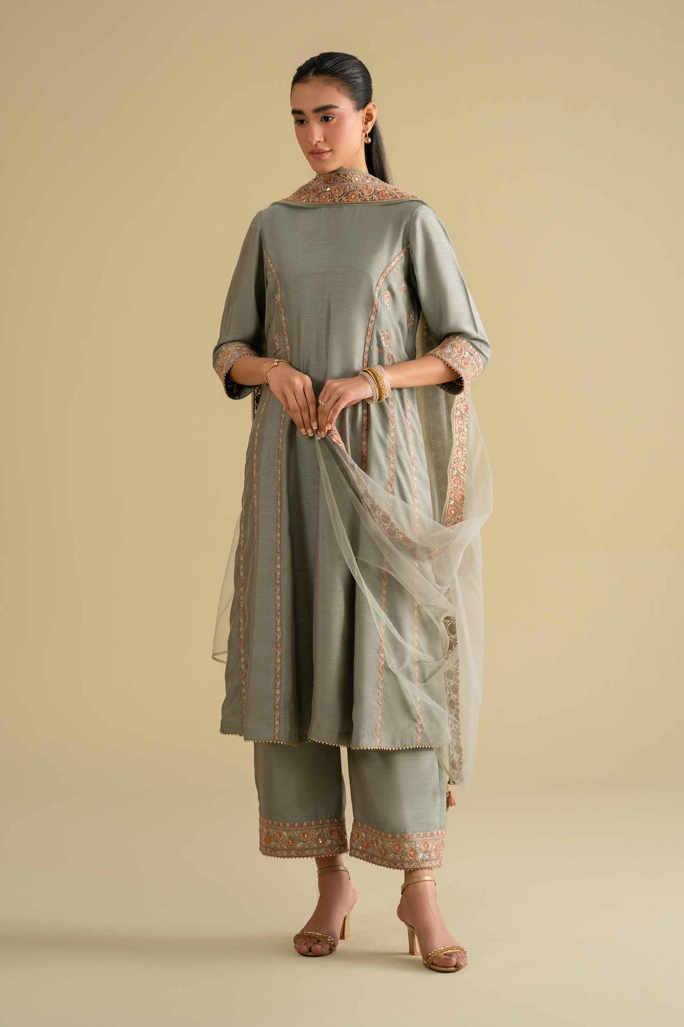Nishat UK - Grey Embroidered Silk 3-piece ready to wear luxury Suit