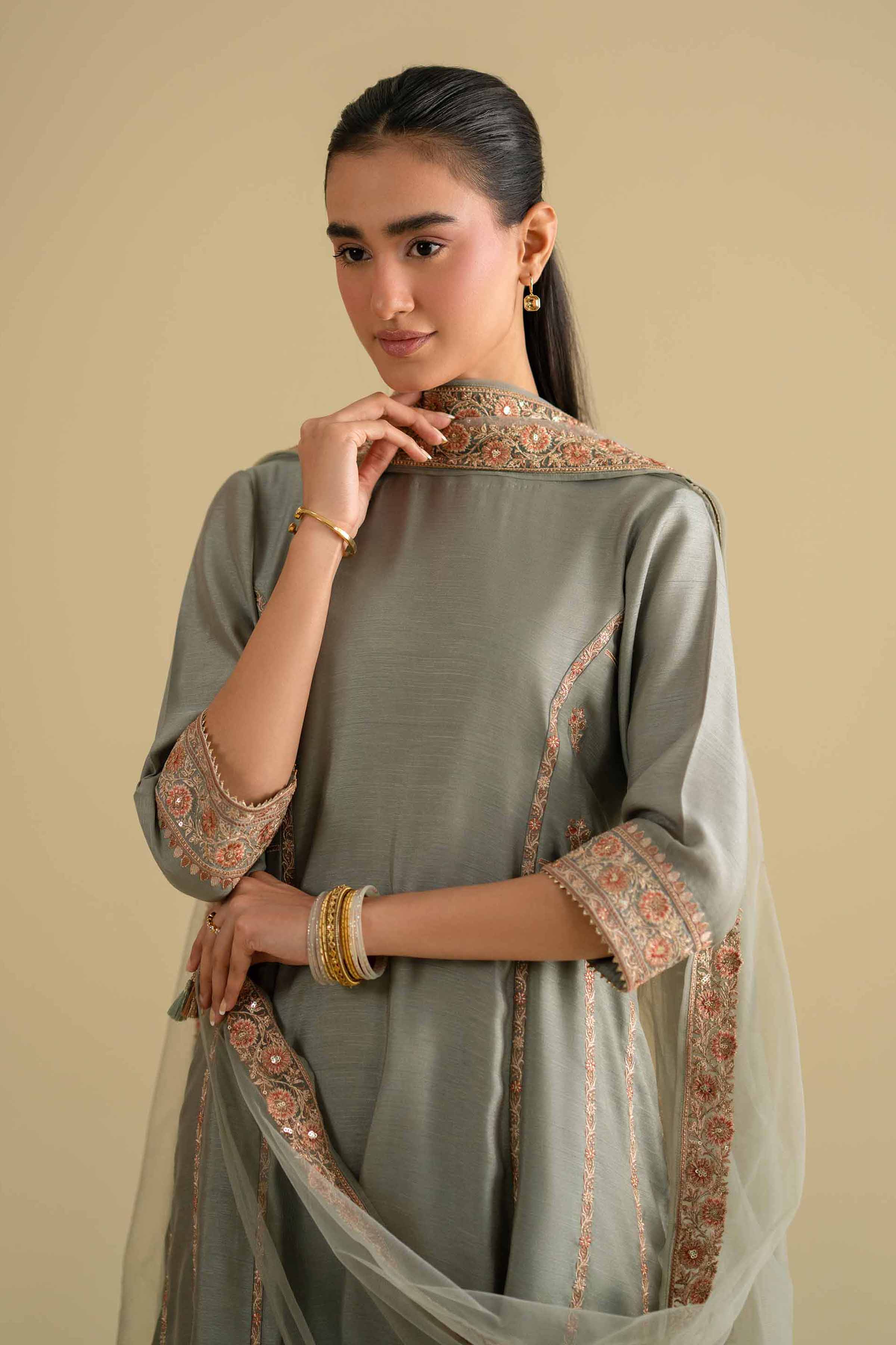 Nishat UK - Grey Embroidered Silk 3-piece ready to wear luxury Suit