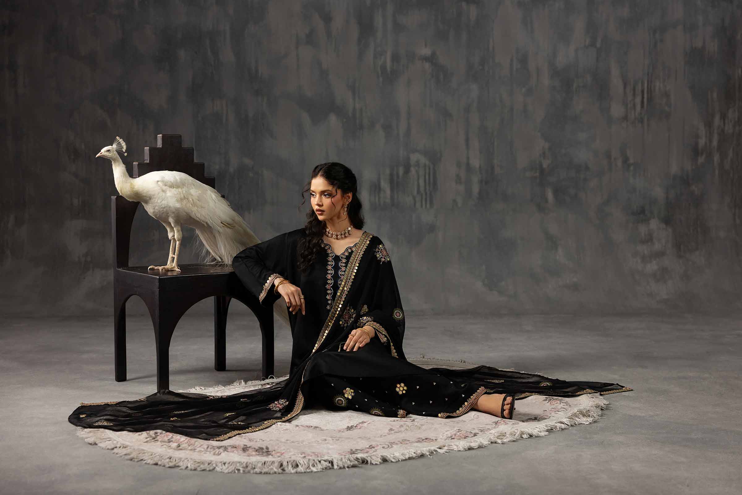 Nishat UK - Black Embroidered Silk 3 Pieces ready to wear Suit