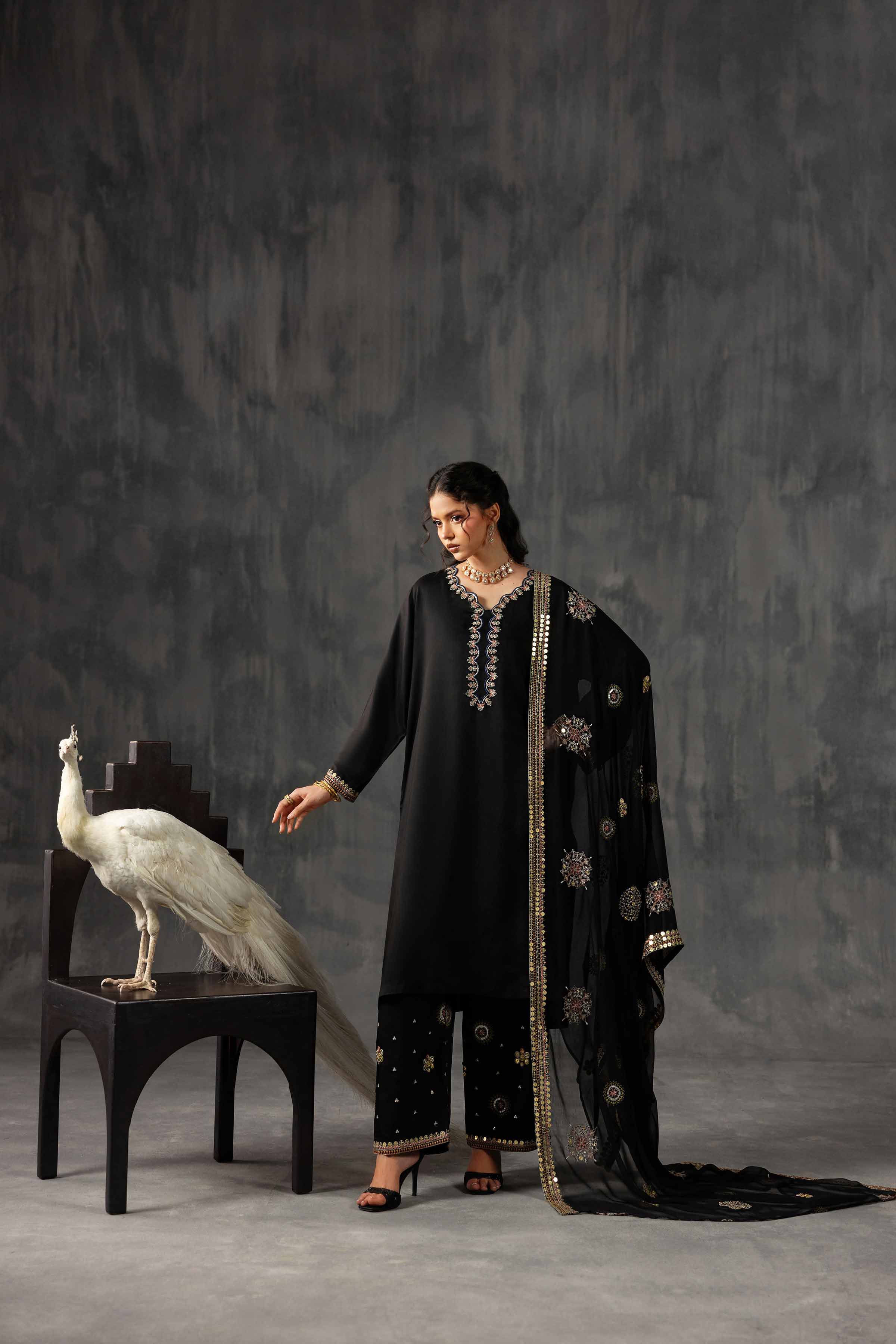Nishat UK - Black Embroidered Silk 3 Pieces ready to wear Suit