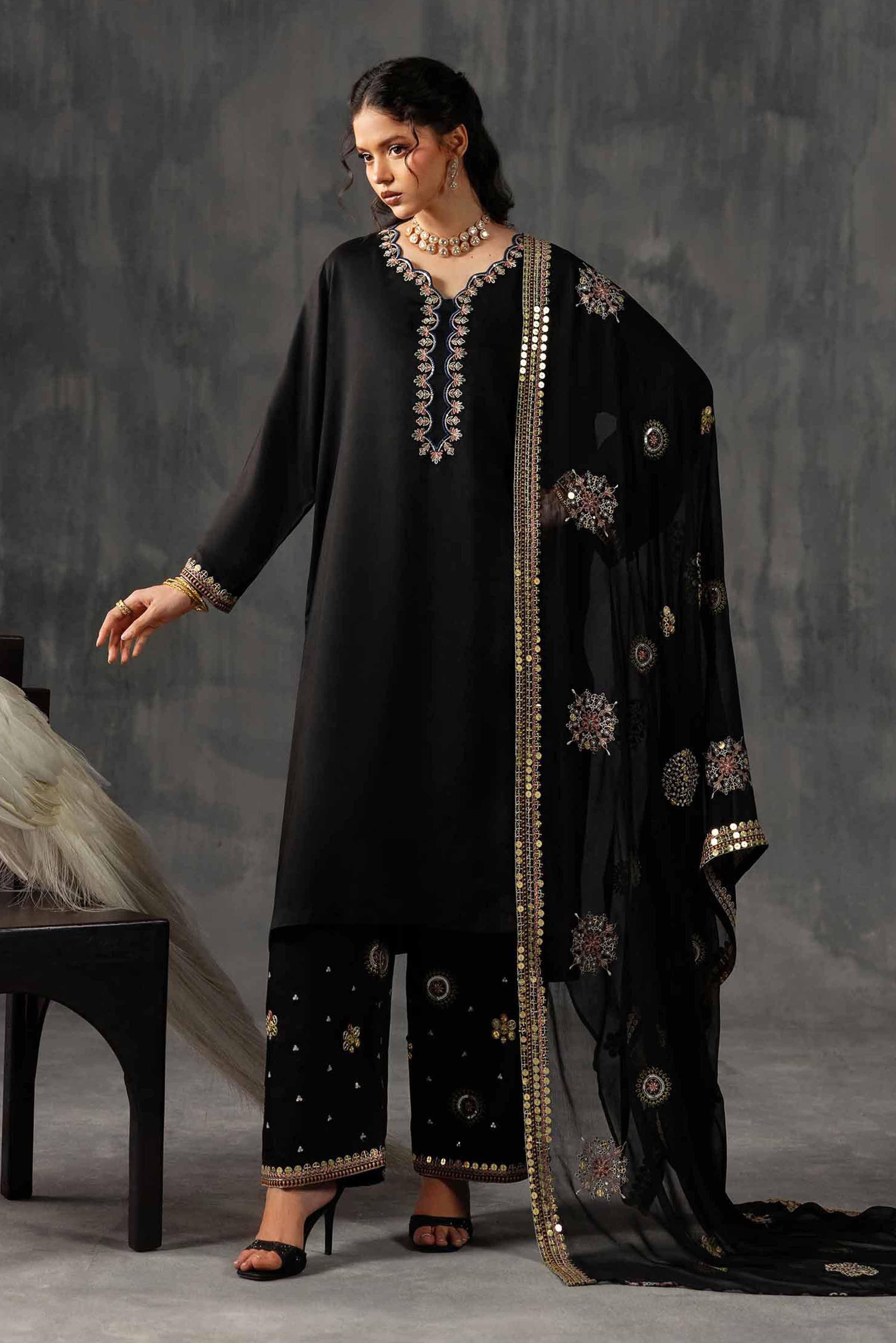 Nishat UK - Black Embroidered Silk 3 Pieces ready to wear Suit