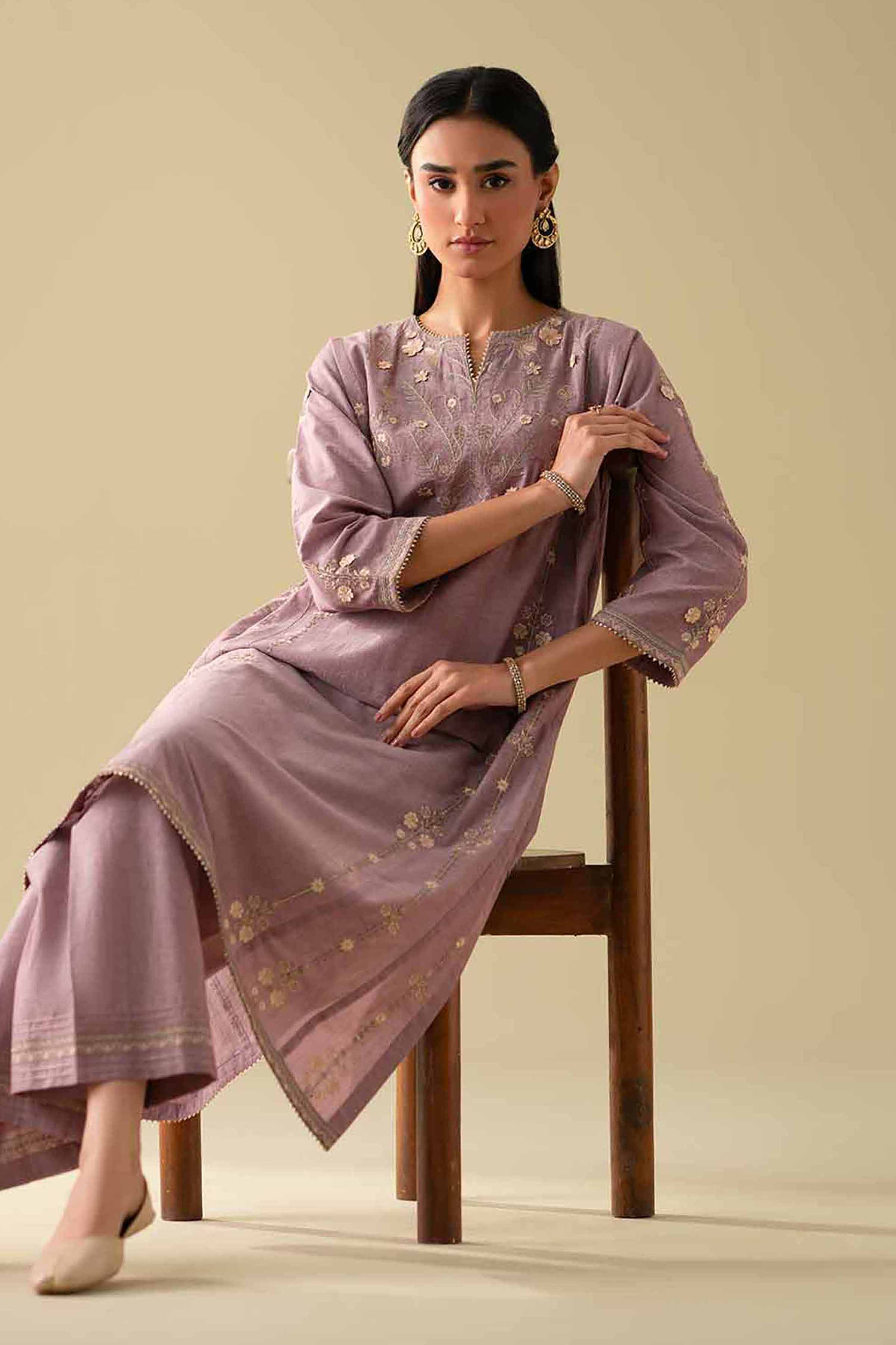 NishatUK - Purple Embroidered Yarn Dyed 2-piece ready to wear Dress