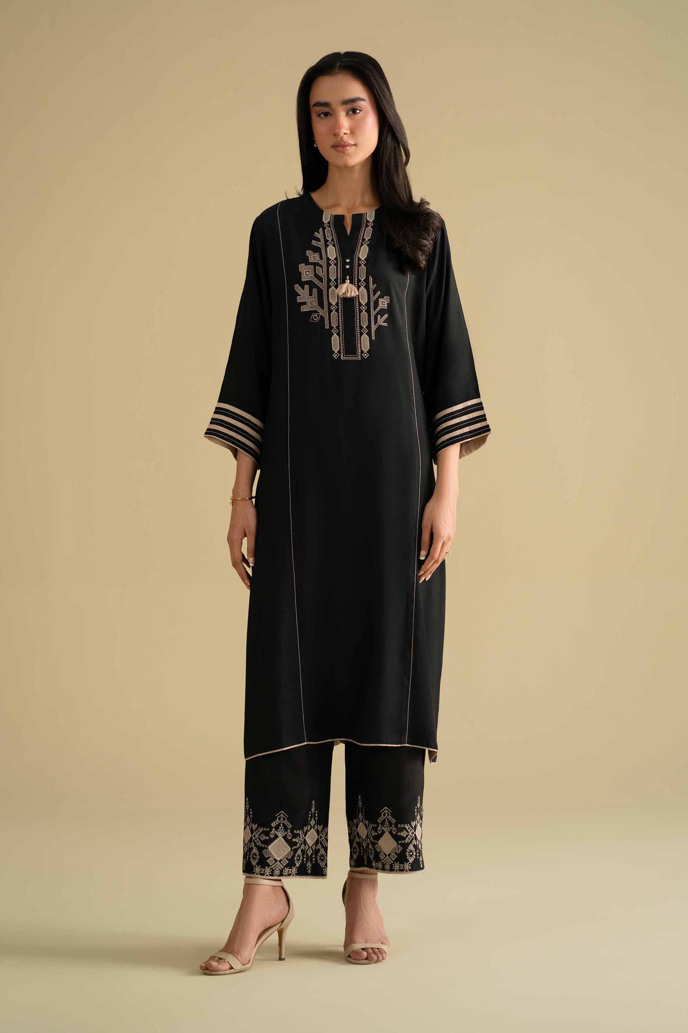 NishatUK - Black Embroidered Silk 2-piece ready to wear luxury Dress