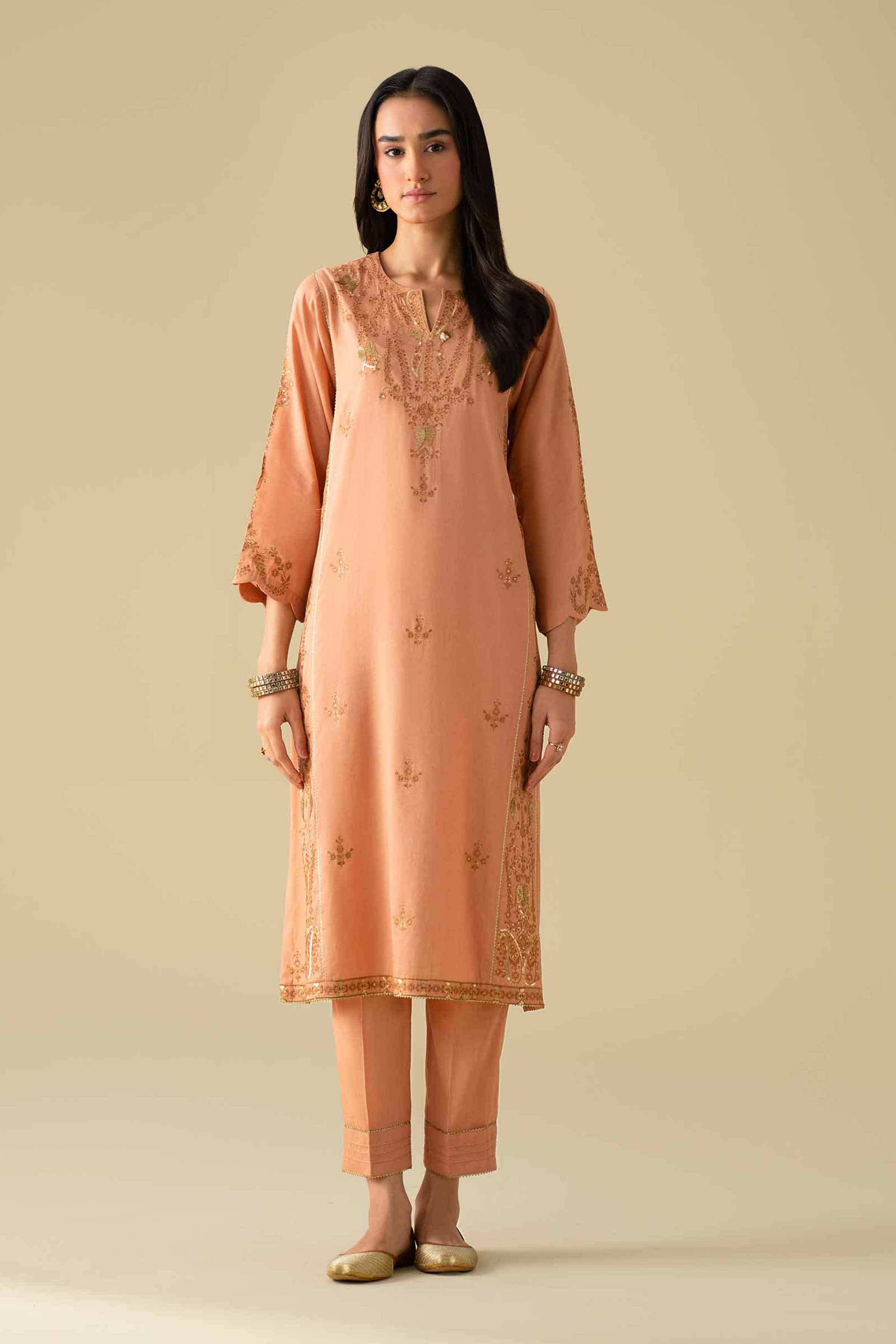 NishatUK - Orange Embroidered Yarn Dyed 2-piece ready to wear Dress