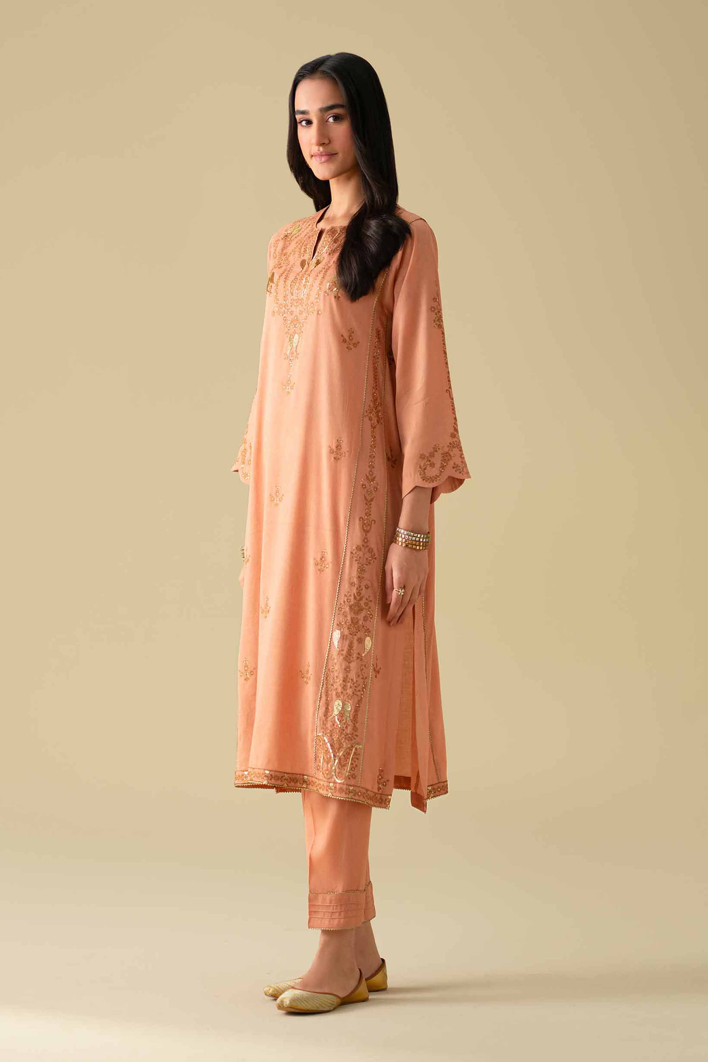 NishatUK - Orange Embroidered Yarn Dyed 2-piece ready to wear Dress
