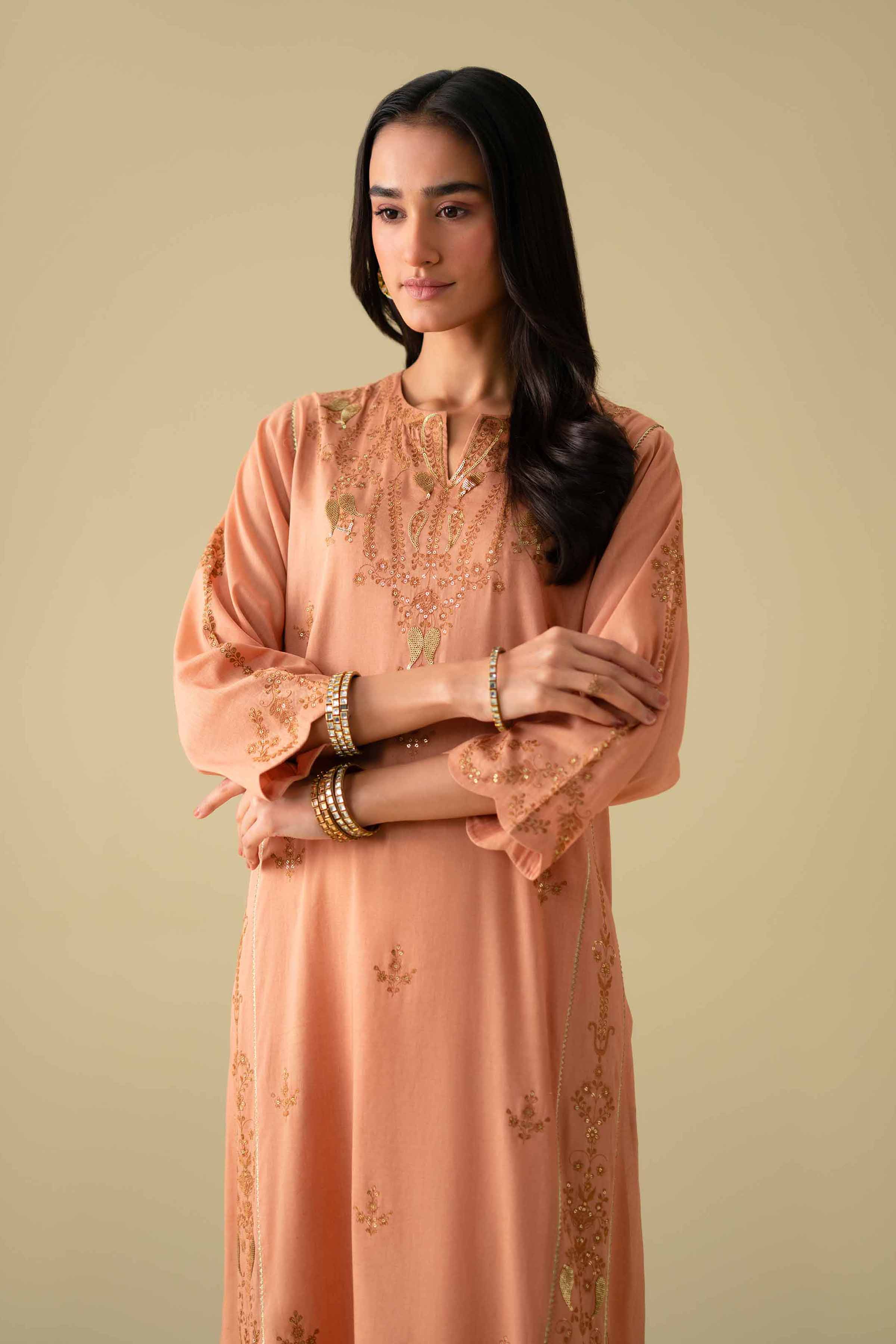 NishatUK - Orange Embroidered Yarn Dyed 2-piece ready to wear Dress