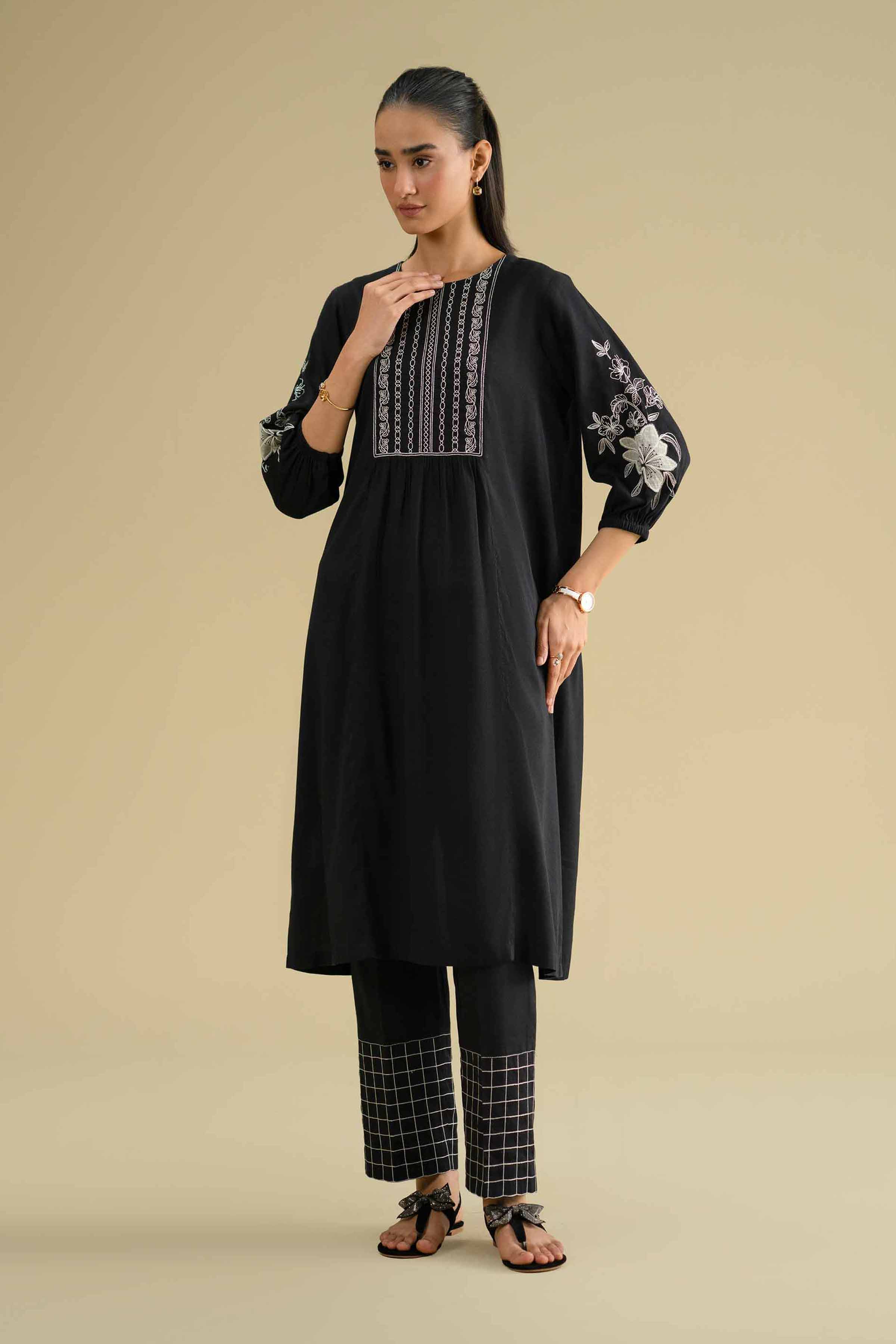 NishatUK - Black Embroidered Yarn Dyed 2-piece ready to wear Dress