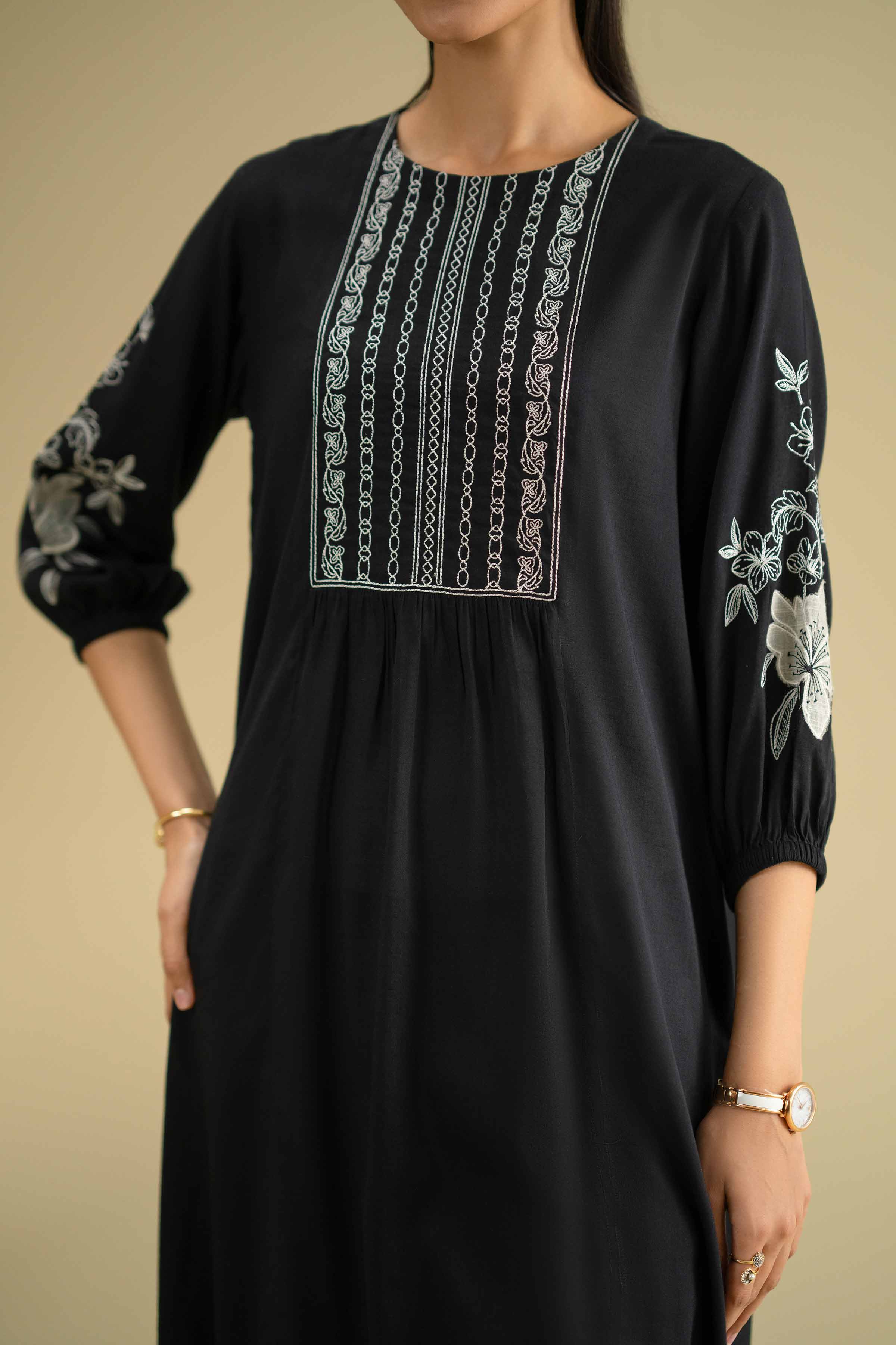 NishatUK - Black Embroidered Yarn Dyed 2-piece ready to wear Dress