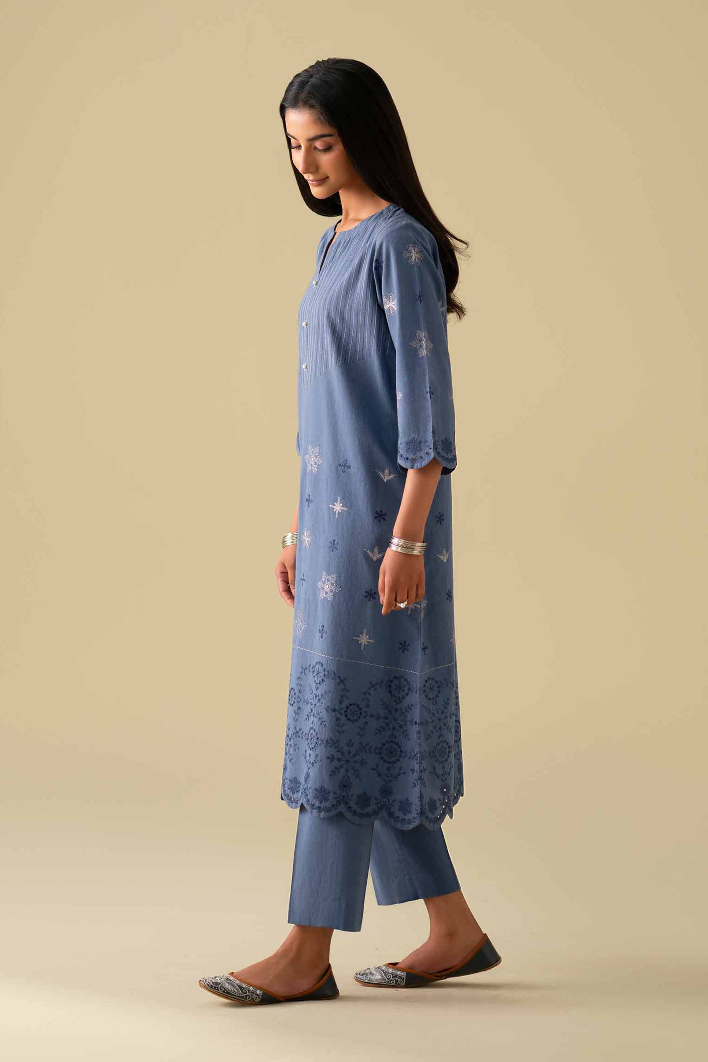 NishatUK - Blue Embroidered Yarn Dyed 2-piece ready to wear Dress