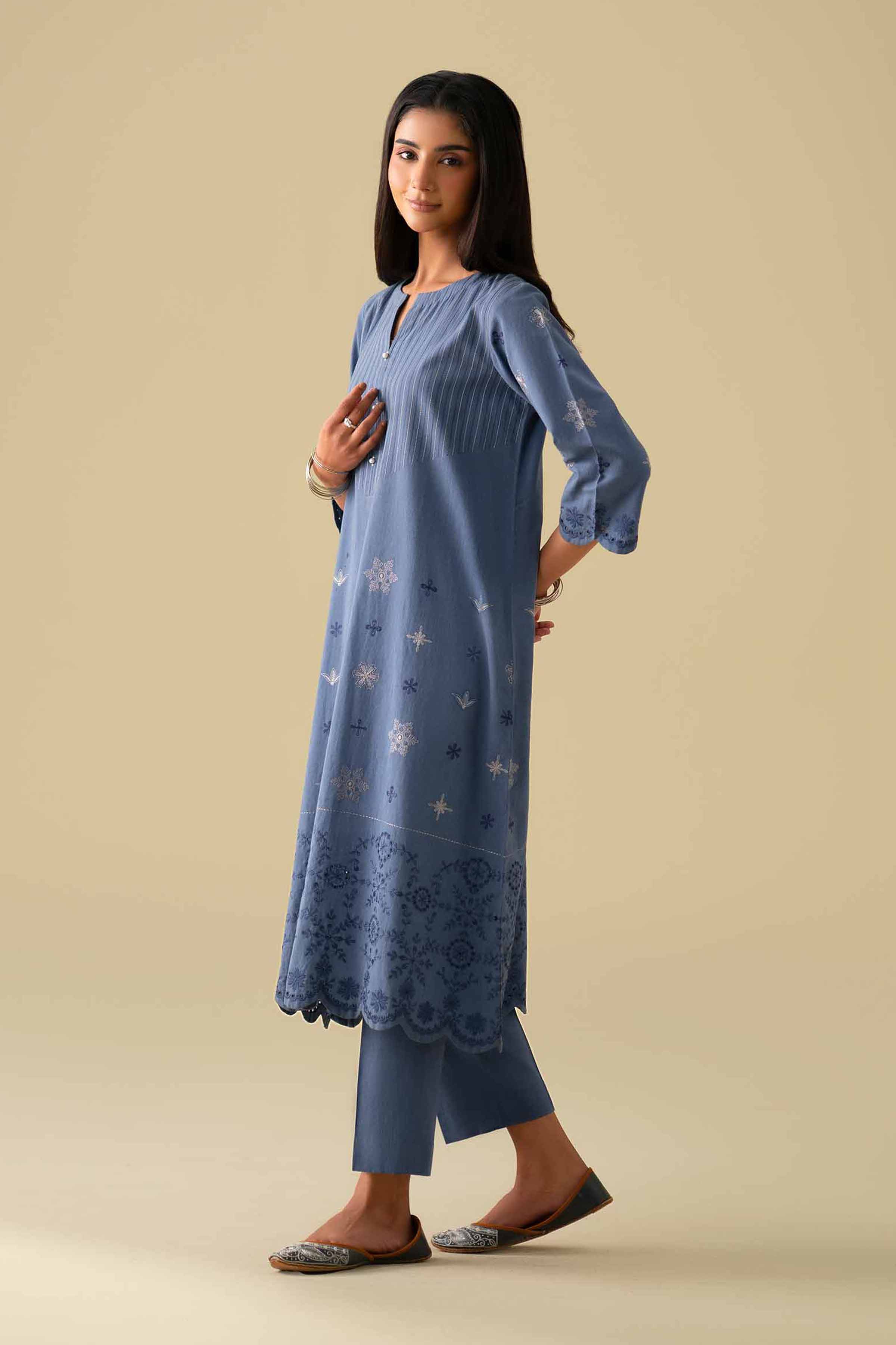 NishatUK - Blue Embroidered Yarn Dyed 2-piece ready to wear Dress