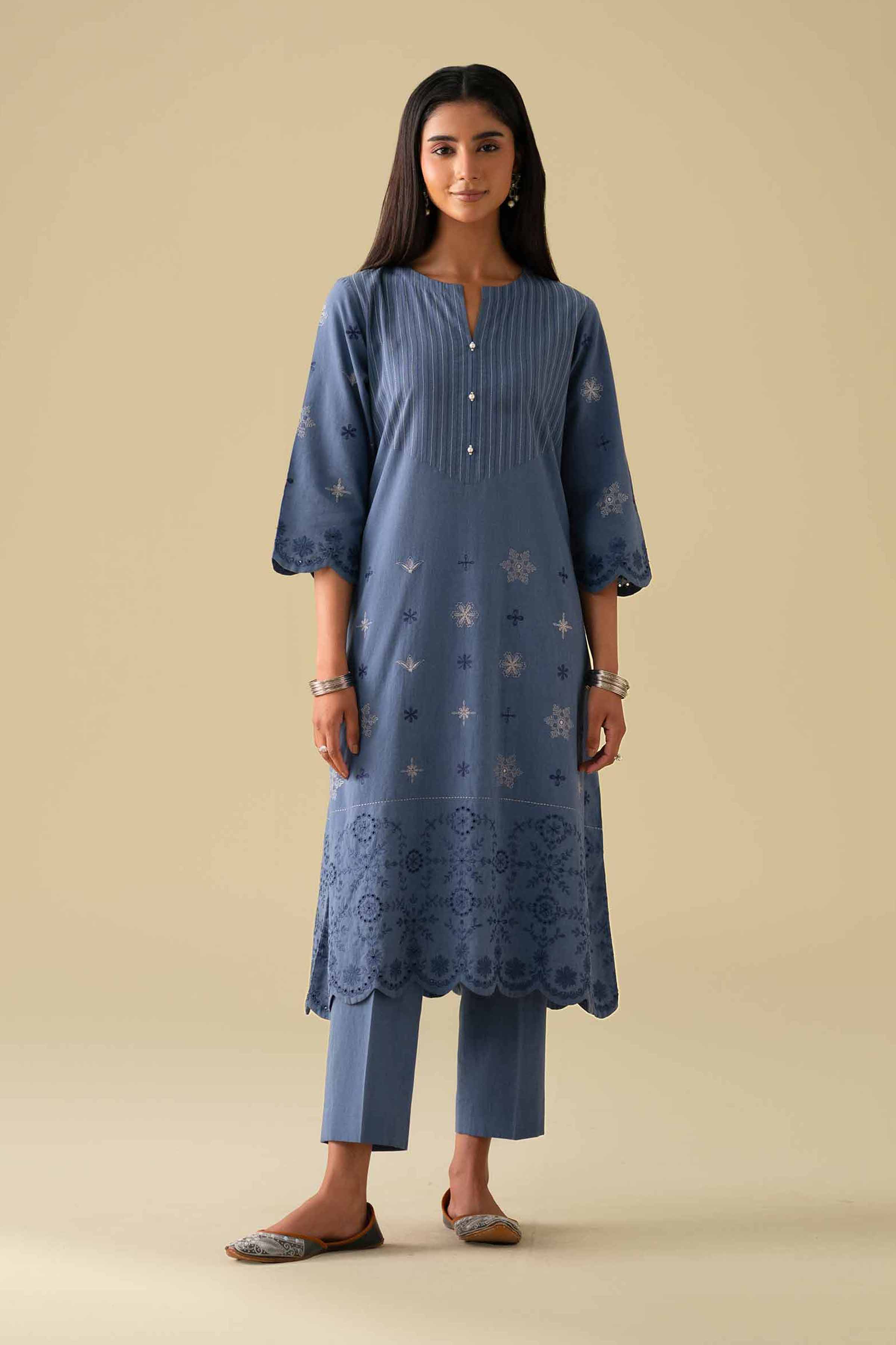 NishatUK - Blue Embroidered Yarn Dyed 2-piece ready to wear Dress